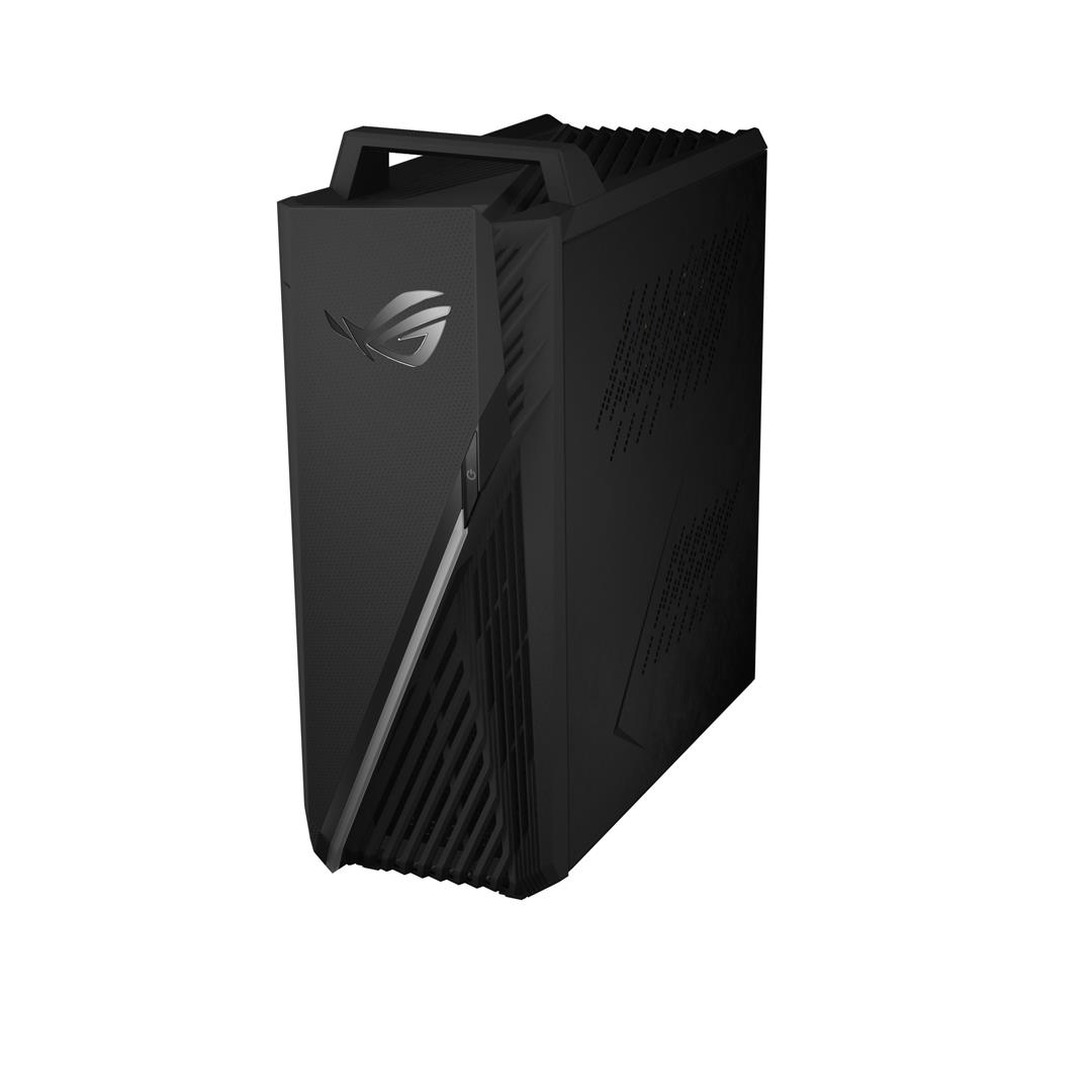 Schwarzer ROG Gaming-PC-Tower. Er hat einen Griff oben und ein ROG-Logo vorne.