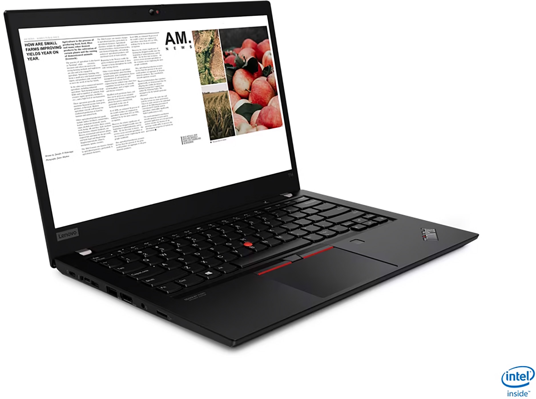 Zwarte laptop met open scherm met nieuwsartikel, Intel inside sticker zichtbaar.