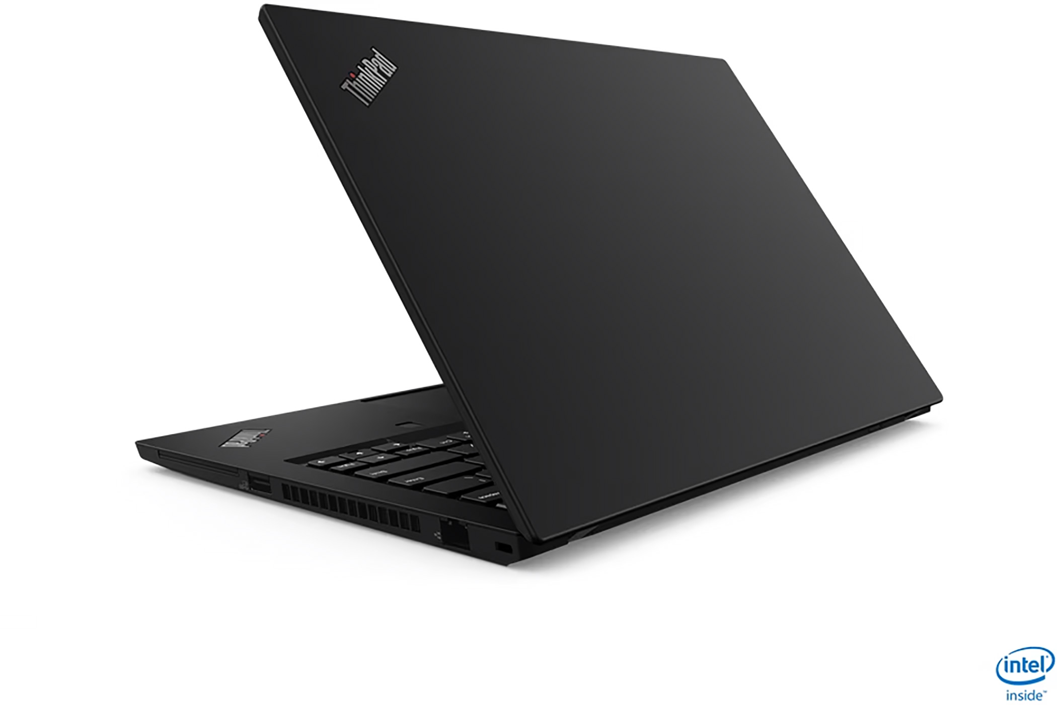 Zwarte ThinkPad laptop, onder een hoek geopend, met het toetsenbord en de Intel Inside sticker.