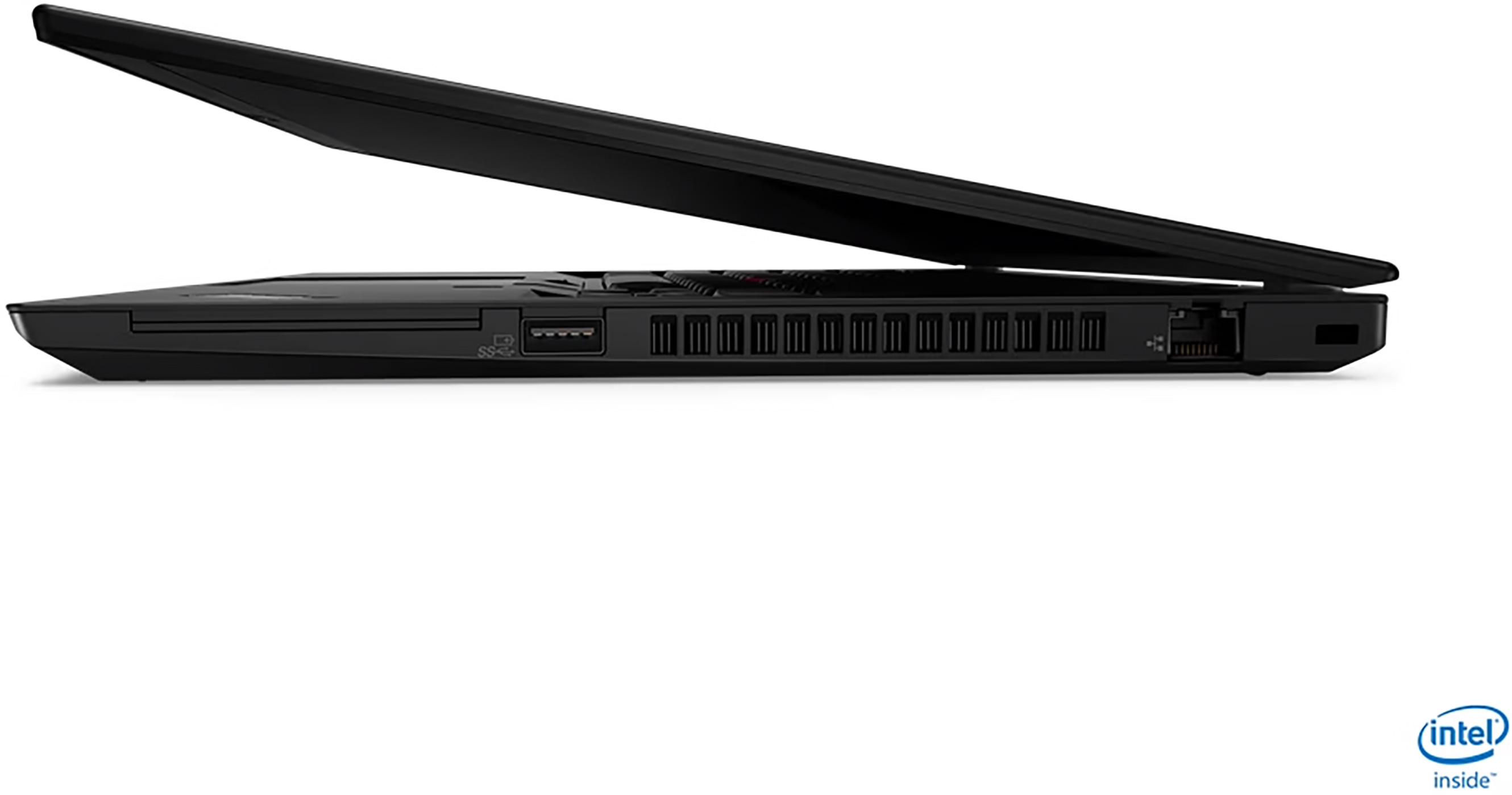 Een zwarte laptop wordt van de zijkant bekeken. De open zijkant toont poorten.