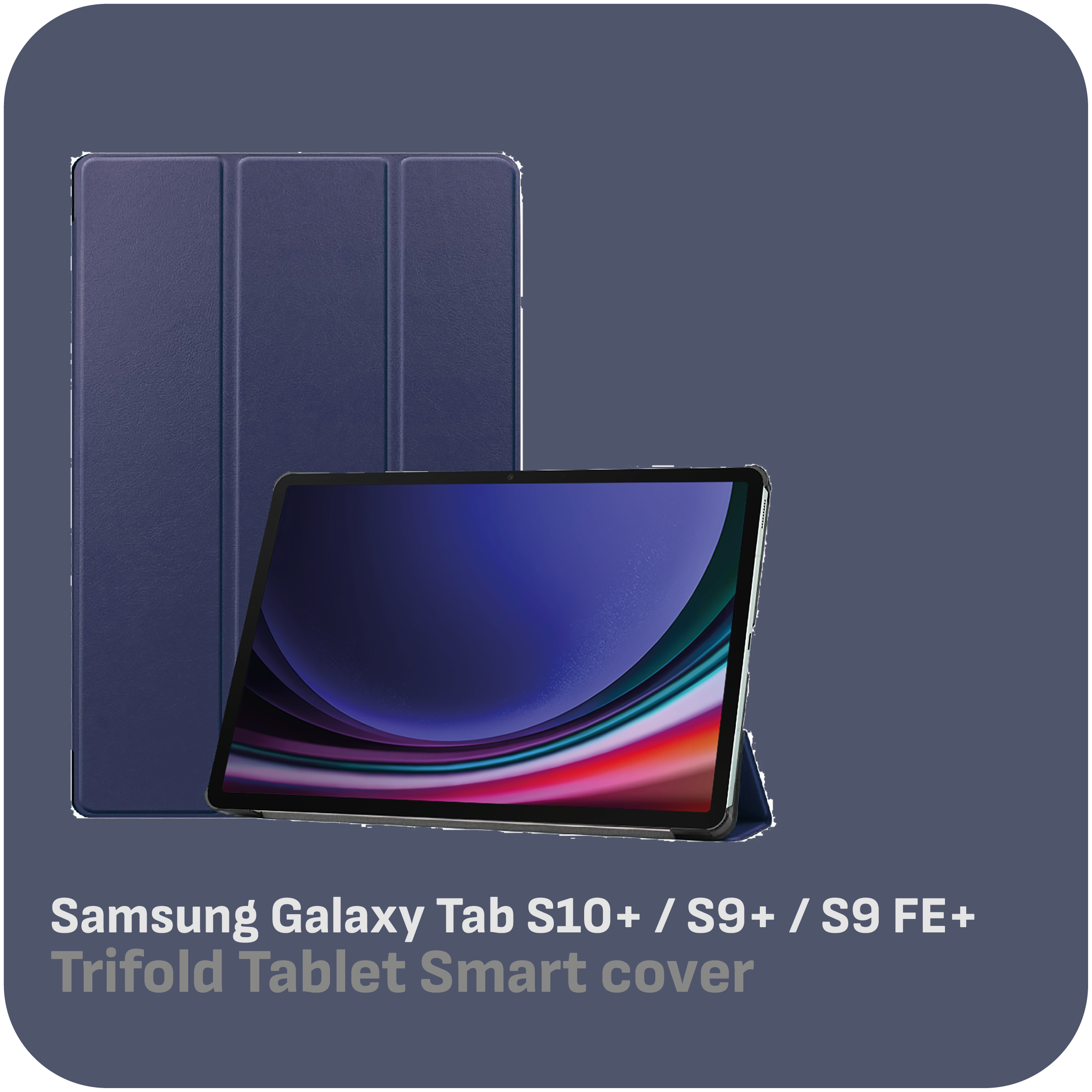 Ein Tablet in einer blauen Tri-Fold Smart Cover, mit Samsung Galaxy Tab Text.
