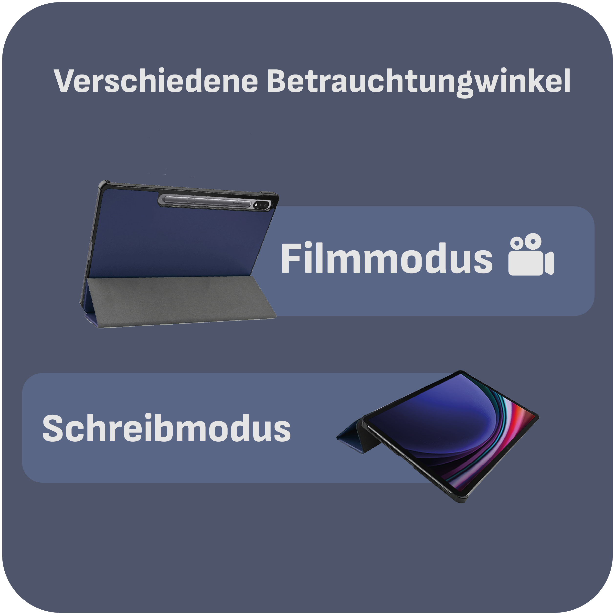 Tablet im 'Filmmodus' und 'Schreibmodus' mit dem Text 'Verschiedene Betrachtungswinkel' darüber.