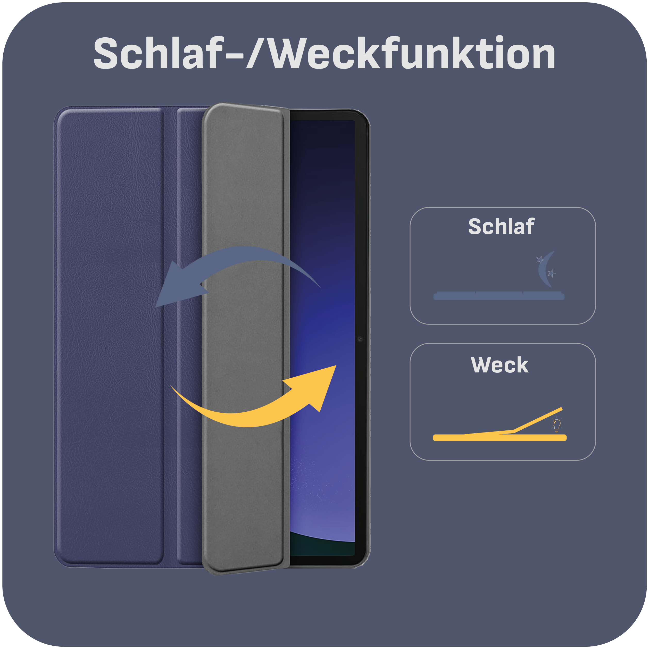 Eine Tablet-Hülle in Blau und Grau. Der Text lautet: Schlaf-/Weckfunktion. Symbole für Schlaf und Aufwachen werden gezeigt.