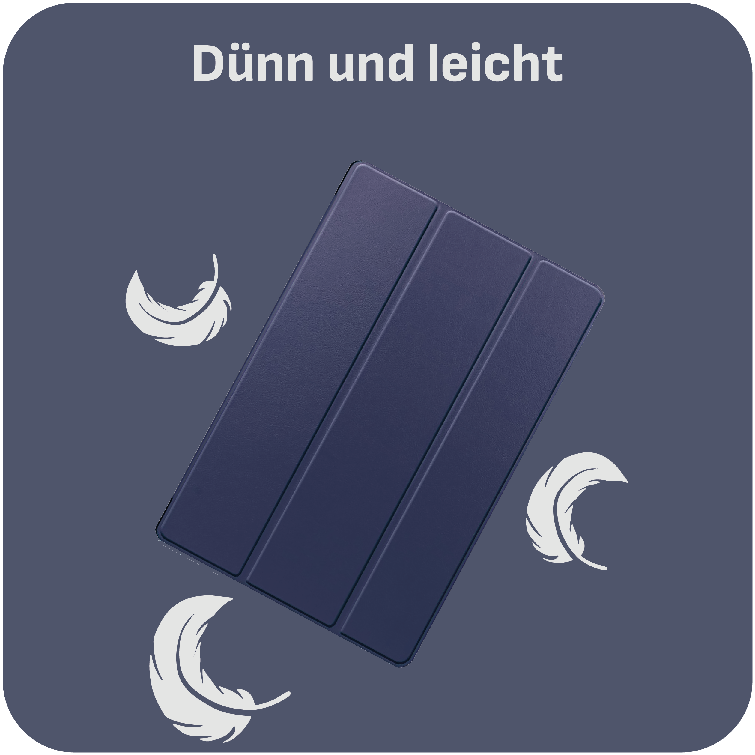 Ein geschlossenes blaues Tablet-Etui mit Federn drumherum und den Worten 'Dünn und leicht'.