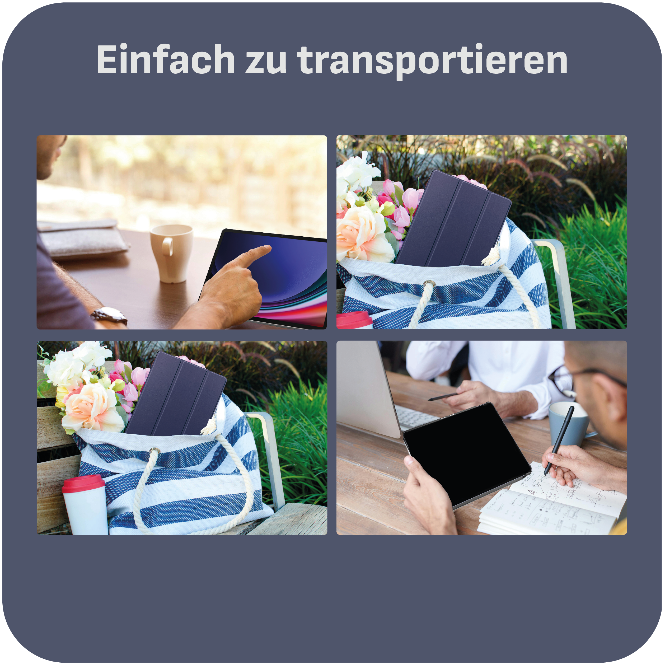 Vier Bilder zeigen ein Tablet, das in verschiedenen Kontexten verwendet wird: auf einem Tisch, in einer Tasche und in den Händen von zwei Personen.