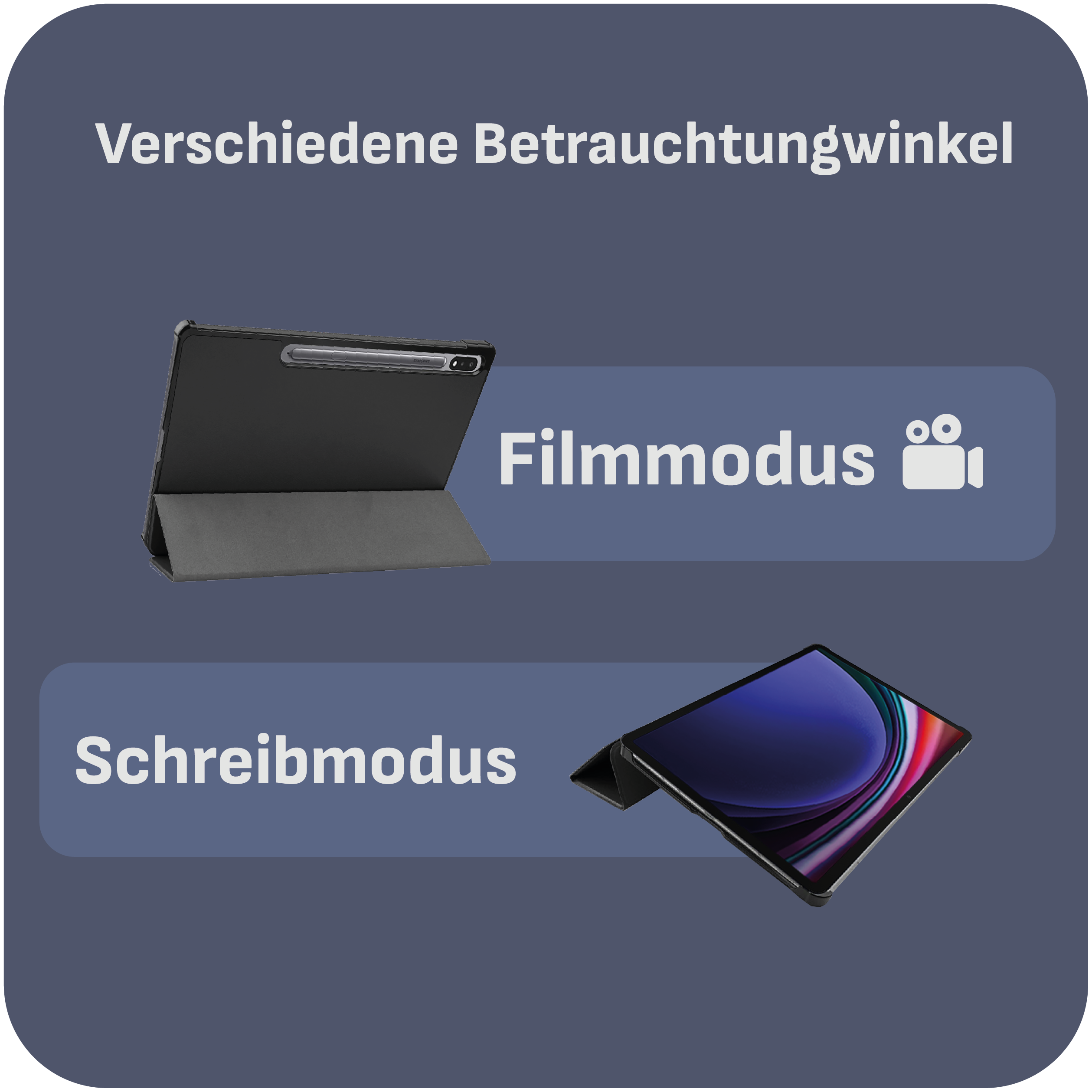 Zwei Tablets in verschiedenen Modi: Filmmodus und Schreibmodus, auf dunklem Hintergrund gezeigt.