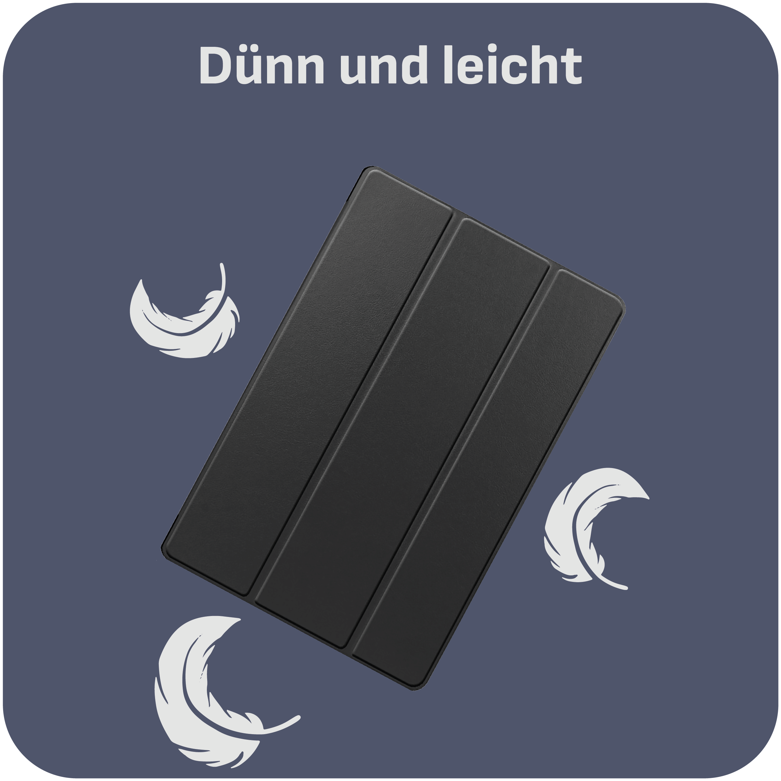 Schwarze Tablet-Hülle, geschlossen. Weiße Federn drumherum. Dunkelblauer Hintergrund.