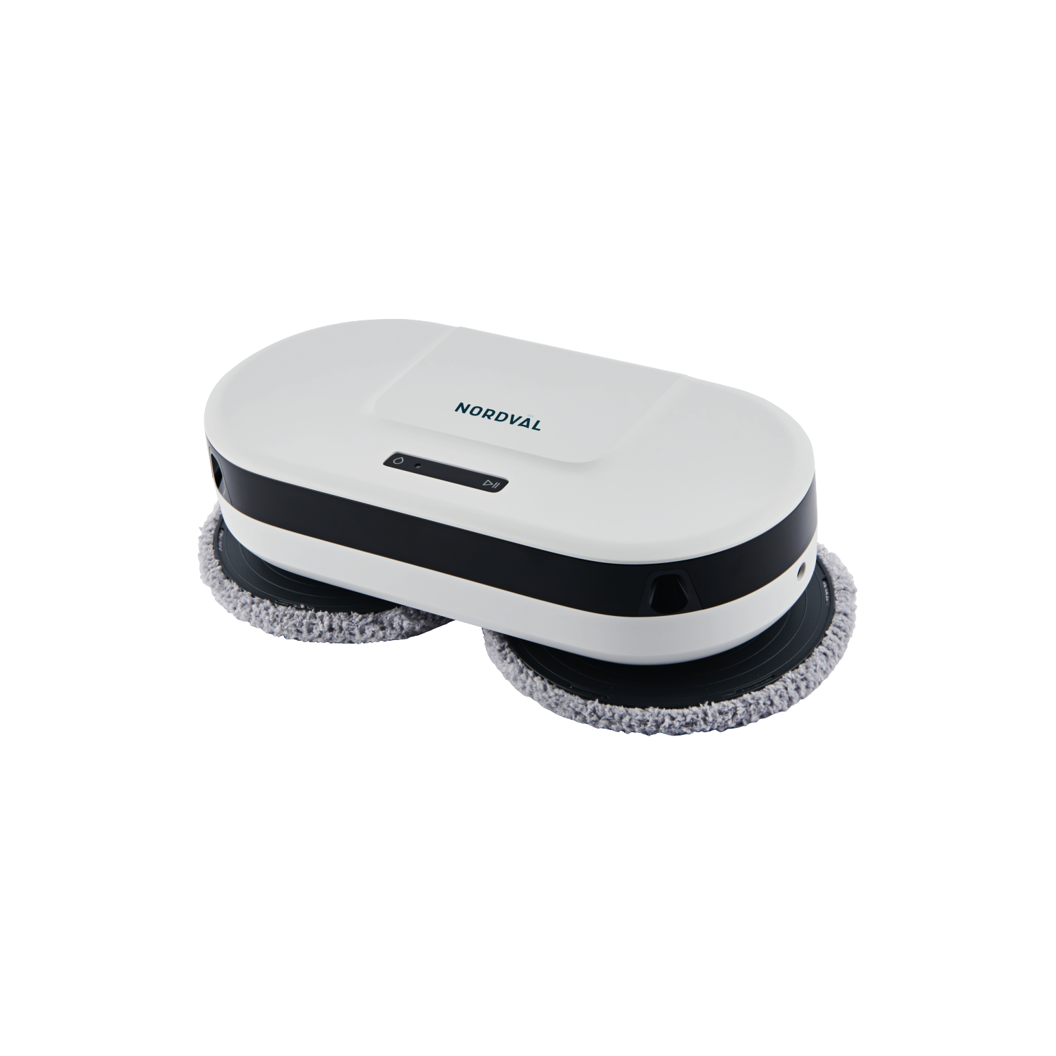 Nettoyeur de sol robotique blanc et noir sur une surface noire.
