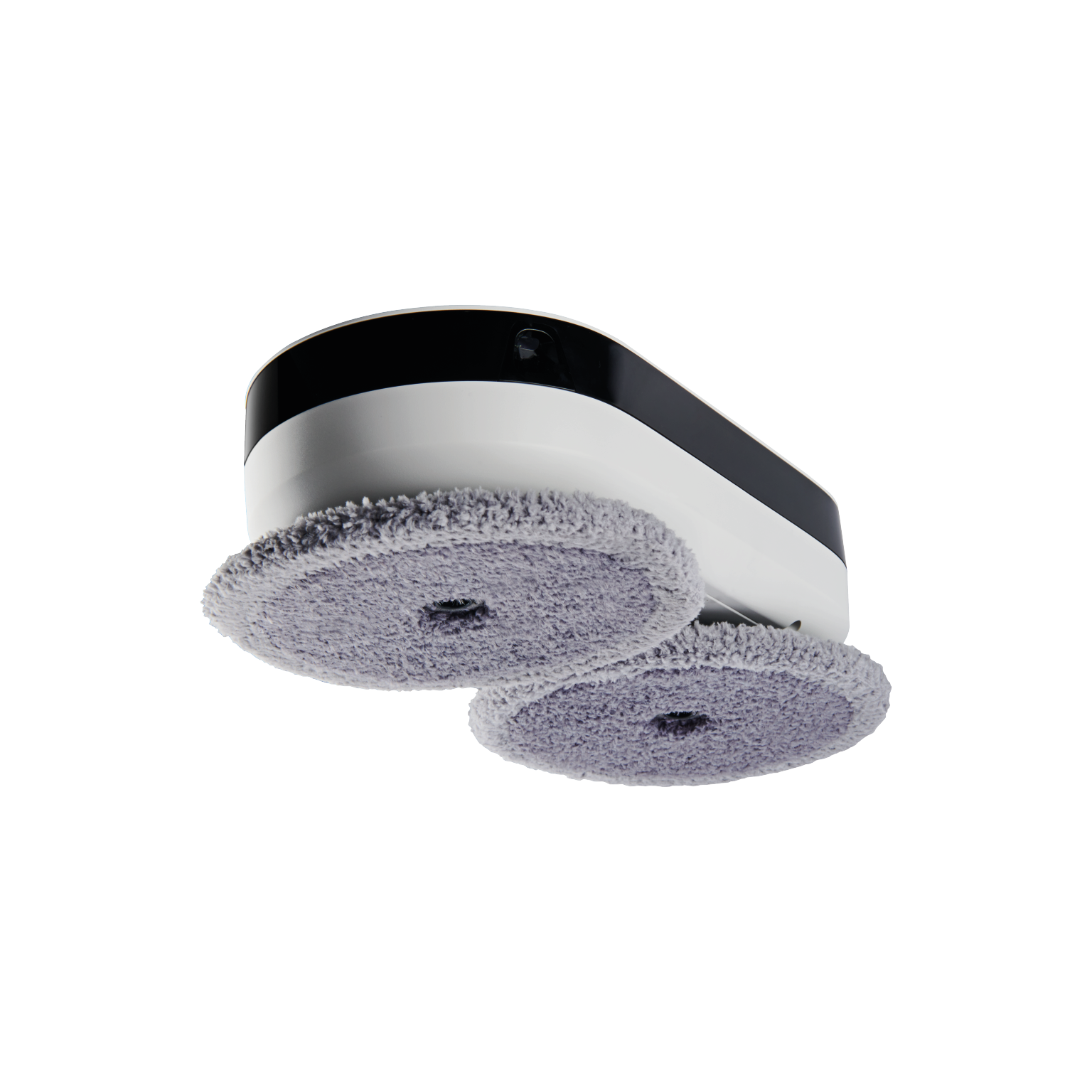 Robot aspirateur blanc et noir, avec deux tampons de nettoyage gris, sur fond noir.