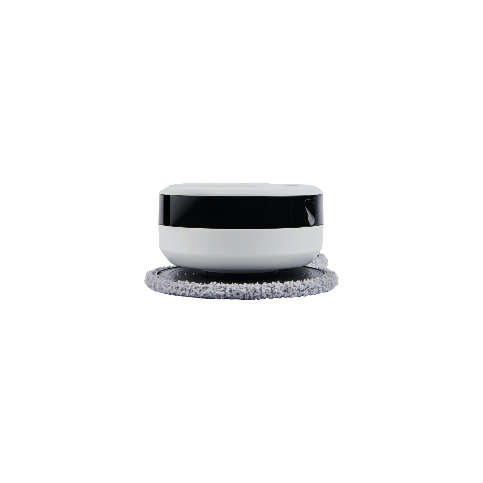 Aspirateur robot blanc et noir sur une surface sombre.