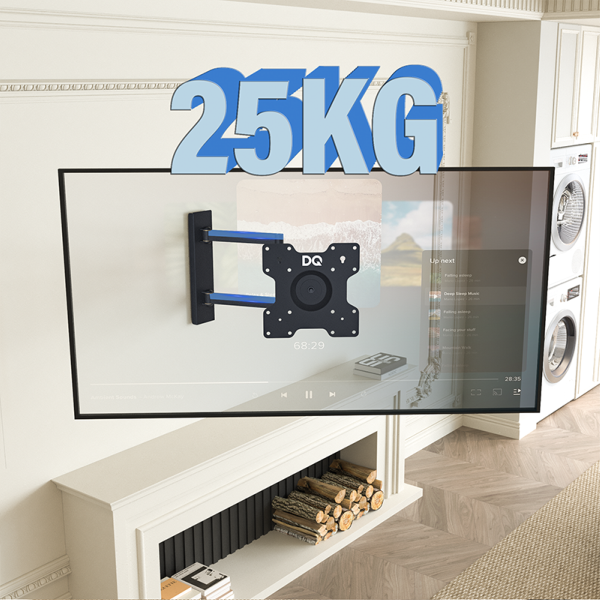 Fernseher mit Halterung an der Wand montiert, Text mit 25KG Gewicht.