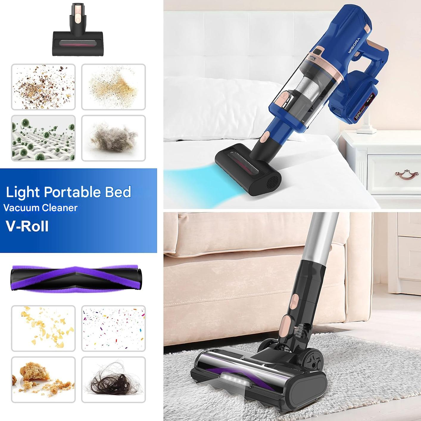 Bezprzewodowy odkurzacz z akcesoriami, czyszczący zanieczyszczenia na łóżku.