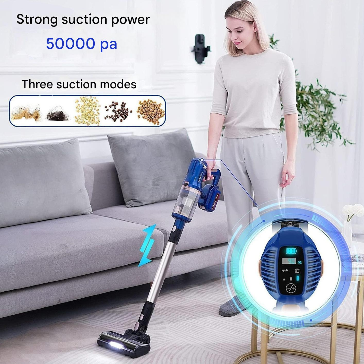 Kobieta używająca niebieskiego odkurzacza. Odkurzacz ma trzy tryby ssania i wyświetlacz.