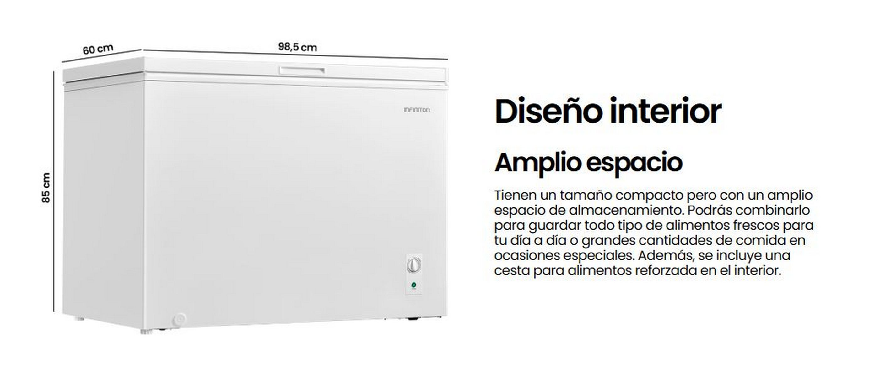 Congelador blanco con dimensiones. Texto: Diseño interior. Amplio espacio. Incluye una cesta.