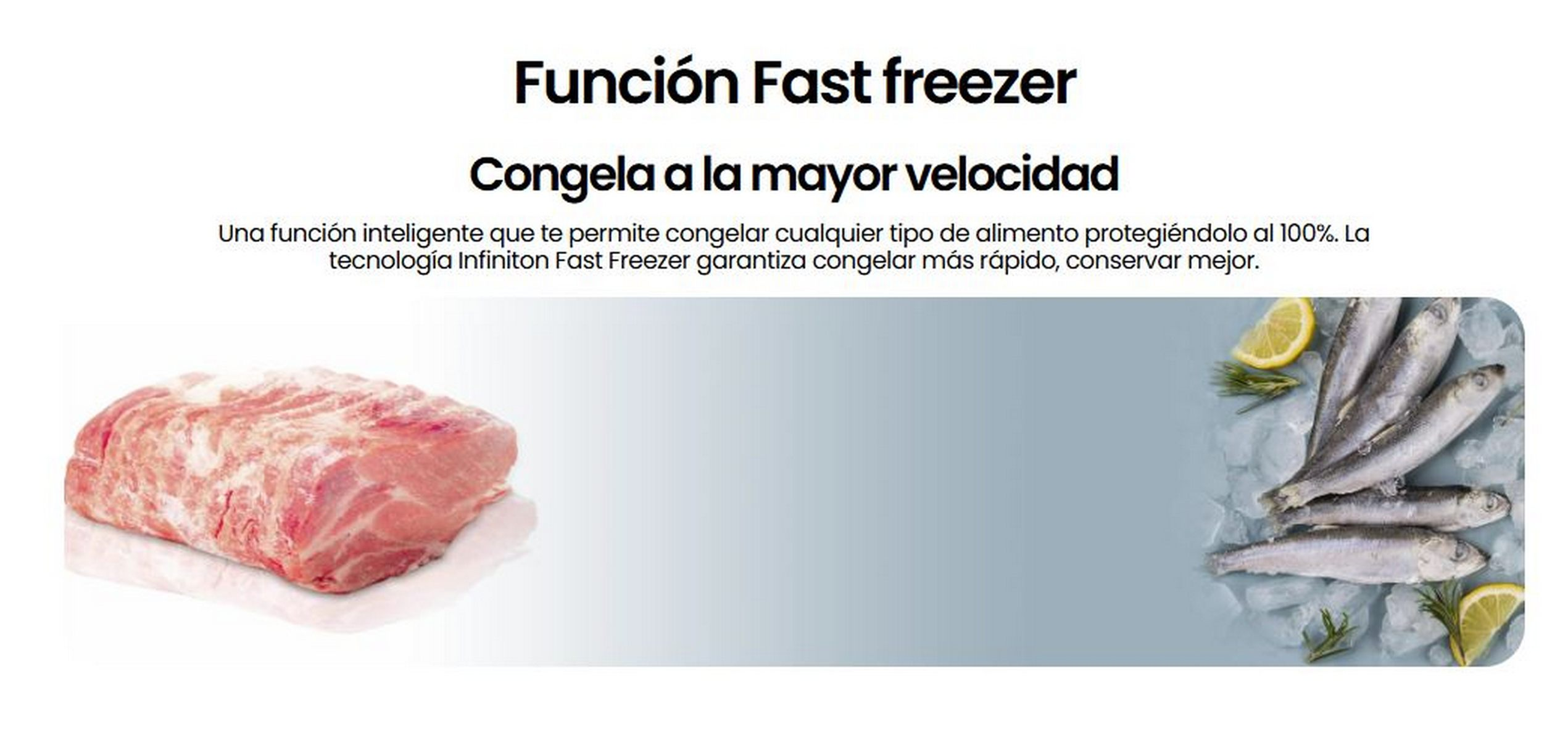 Un trozo de carne cruda y pescado sobre hielo con limones, ilustrando la función de congelación rápida.