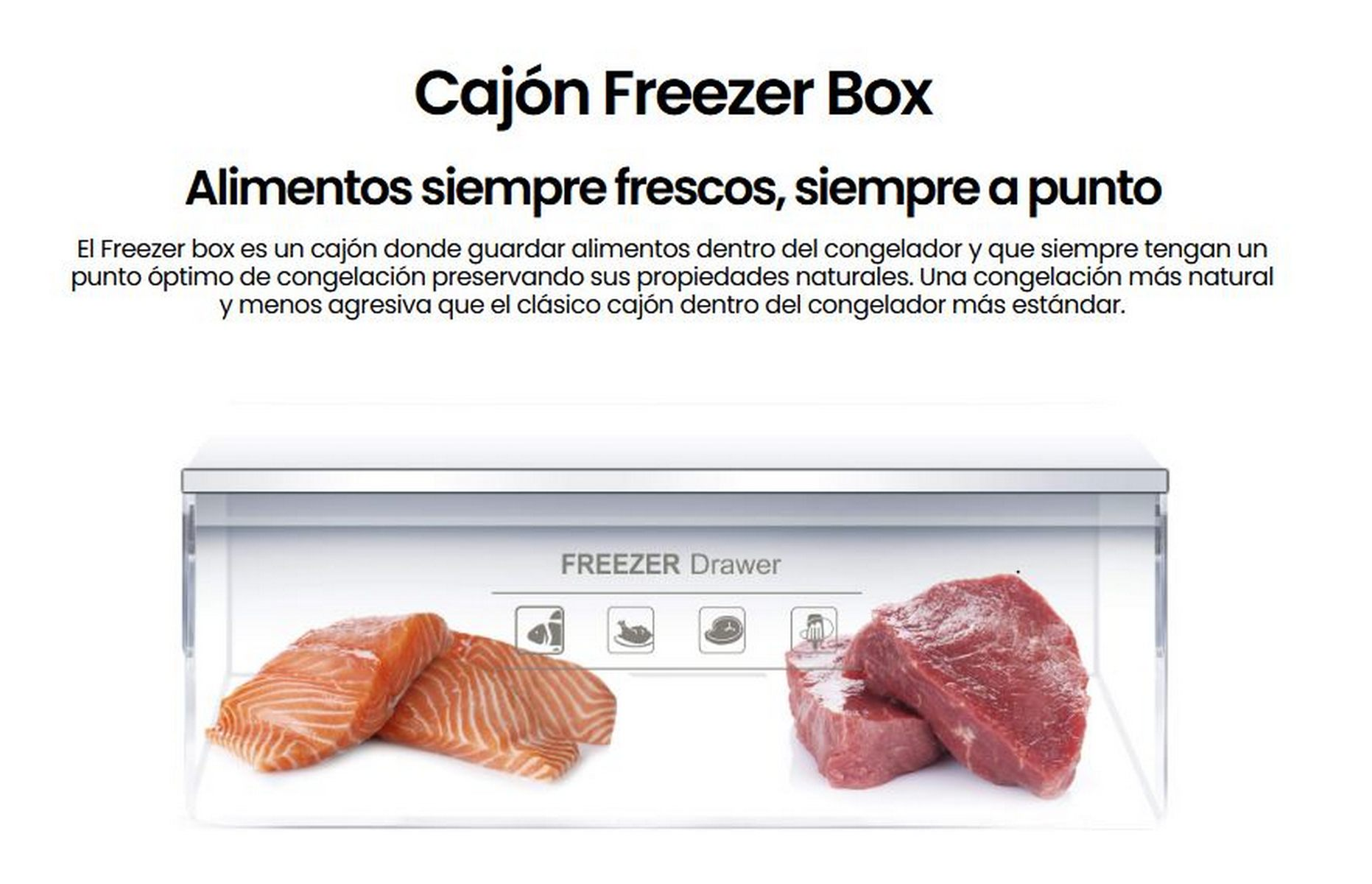 Cajón congelador con salmón y carne.