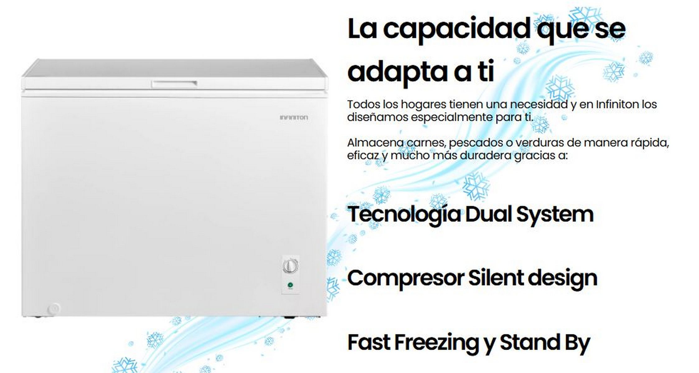 Congelador horizontal blanco con texto en español, incluida la marca 'Infinition'.