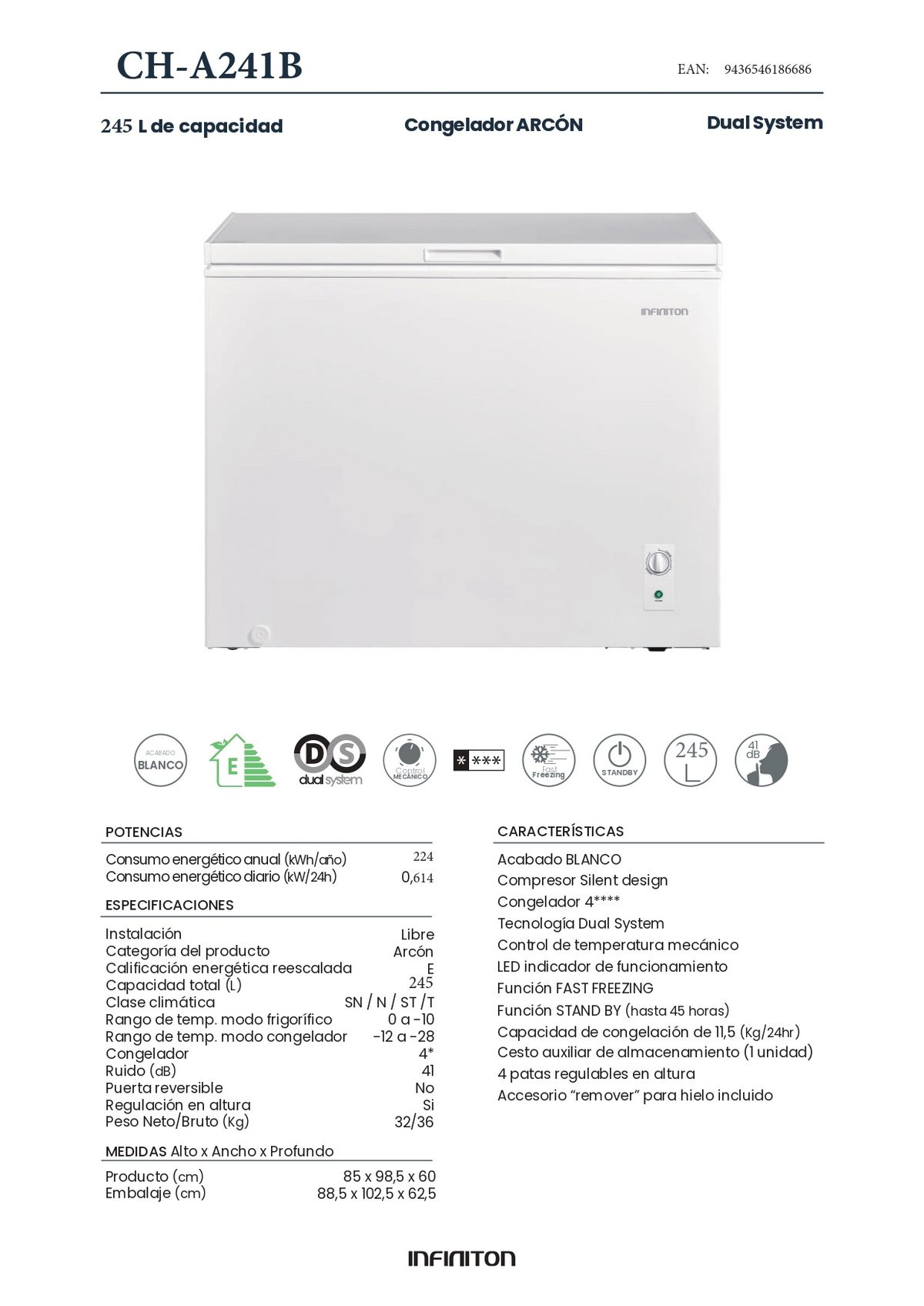 Un congelador blanco con la puerta superior abierta, que muestra una etiqueta del producto con especificaciones.