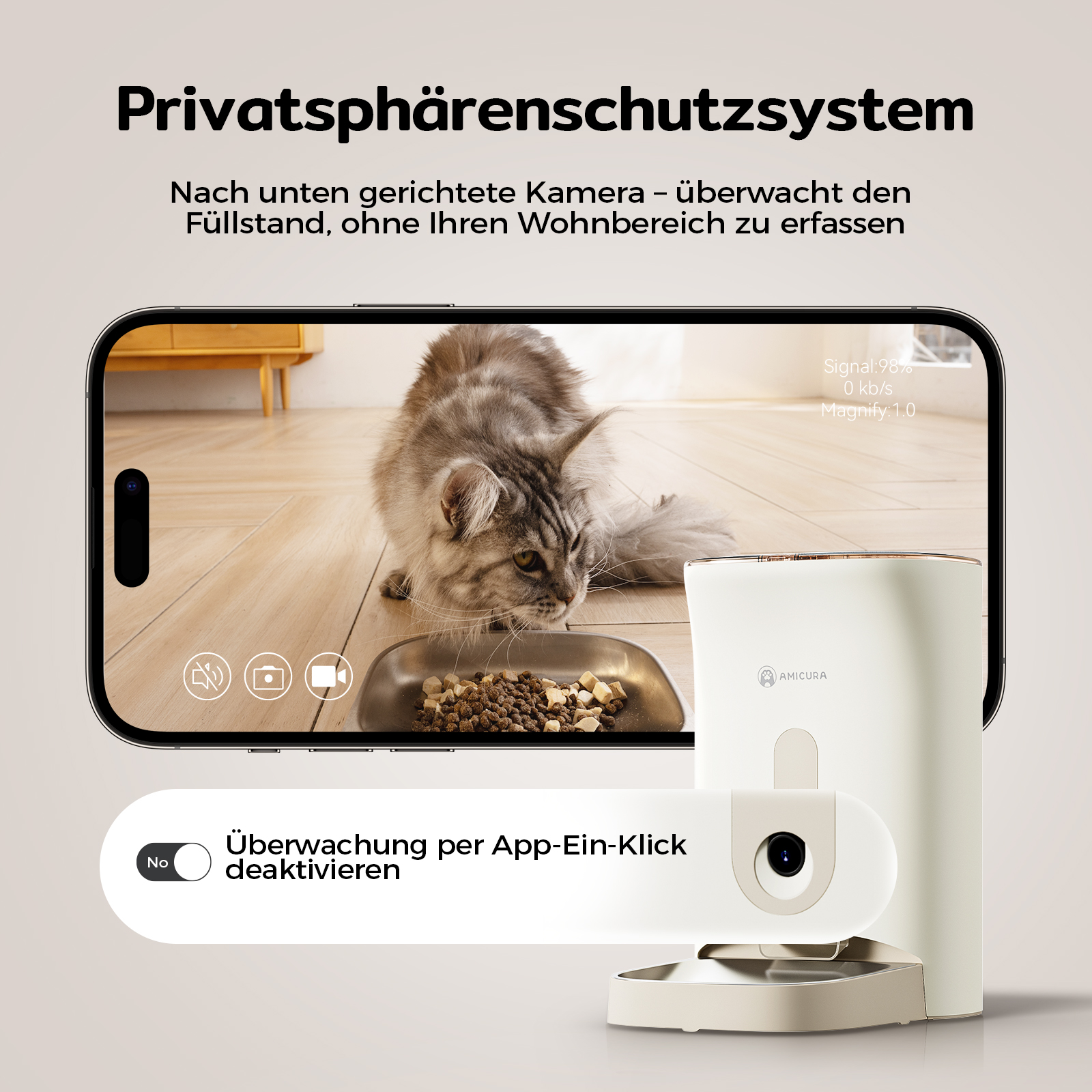 Un teléfono inteligente muestra un gato comiendo. Un dispensador de comida blanco está al lado. Texto: Privatsphärenschutzsystem.