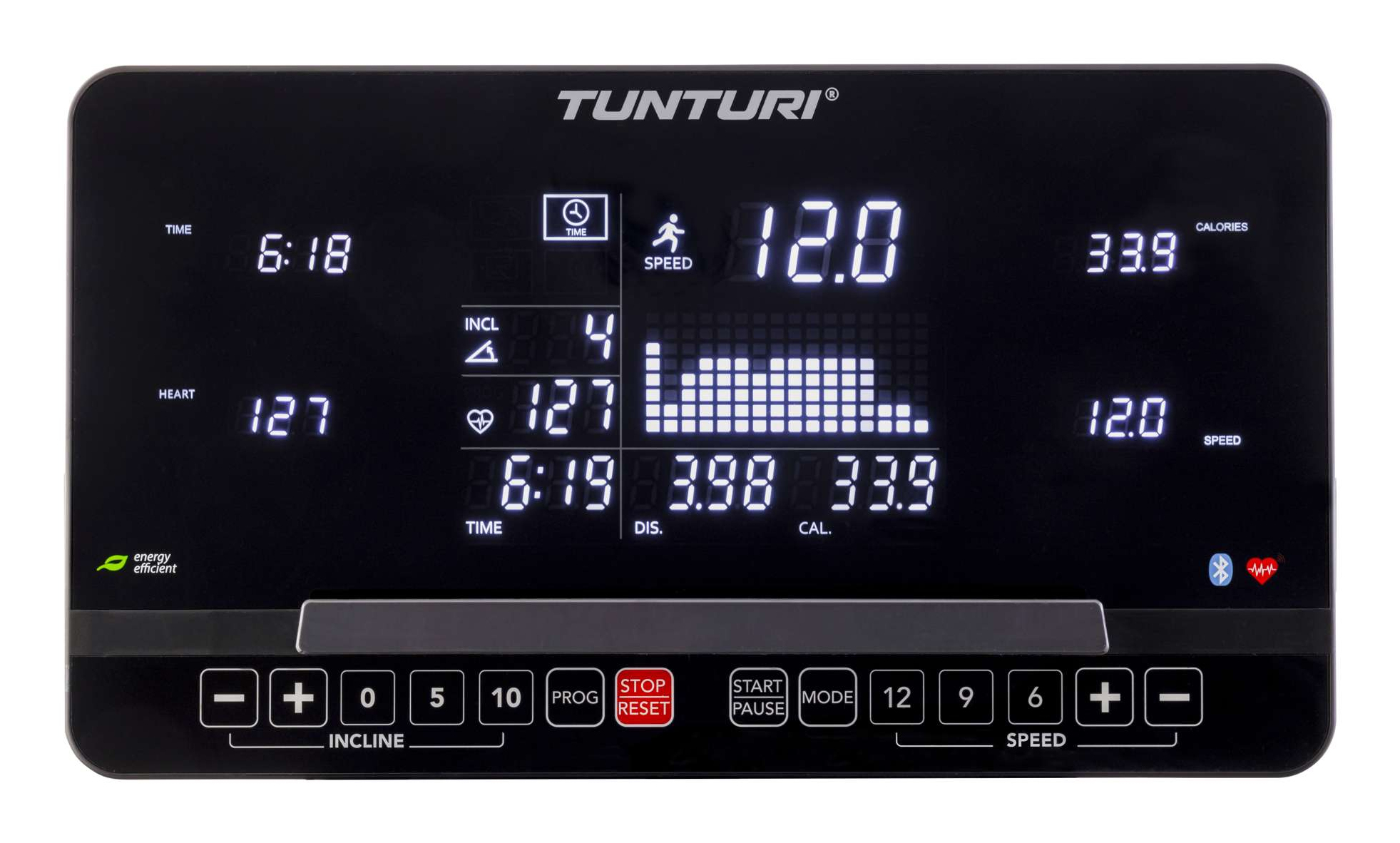 Loopbanddisplay met tijd, snelheid, helling, hartslag en calorieën weergegeven.