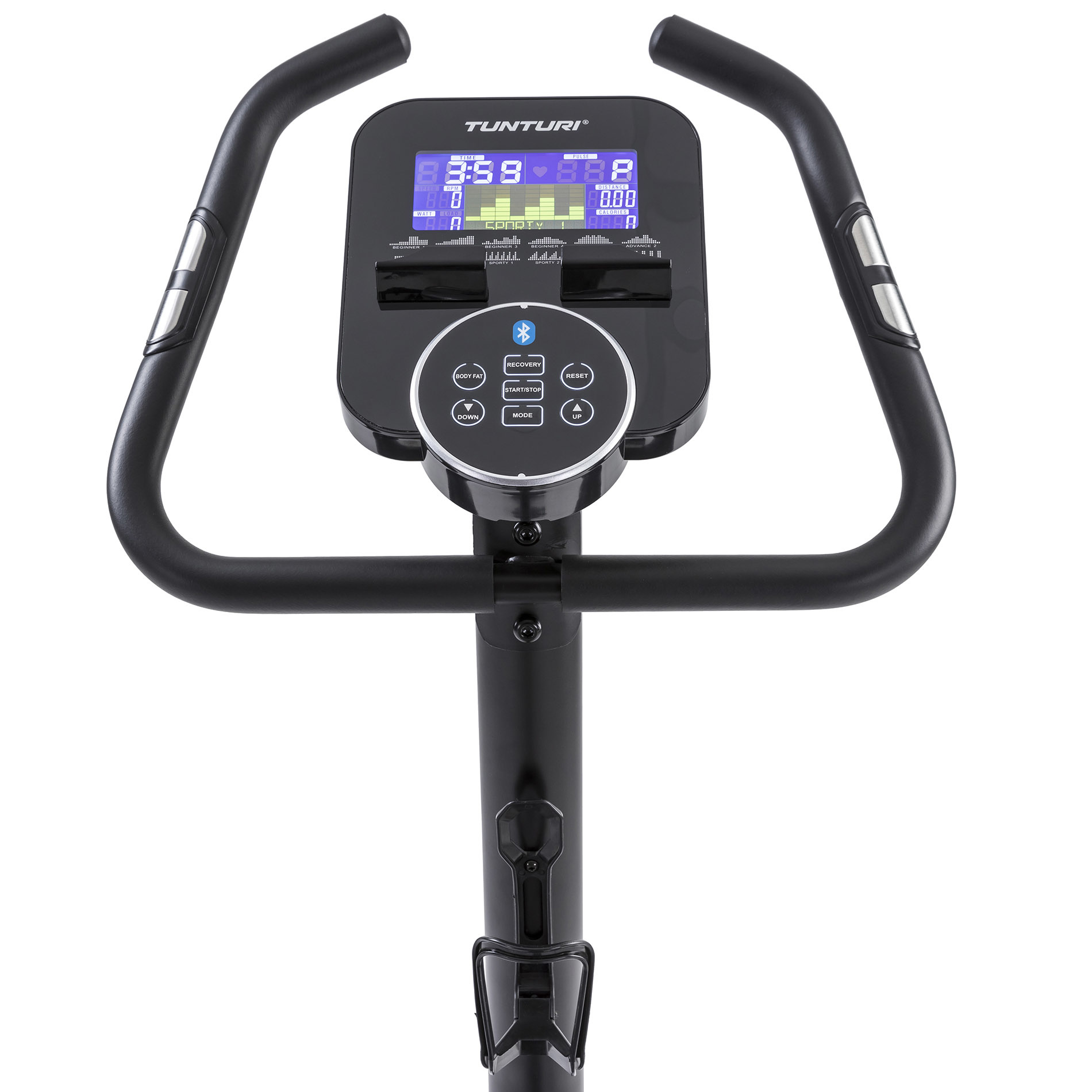 Zwarte hometrainerconsole met display, knoppen en stuur.