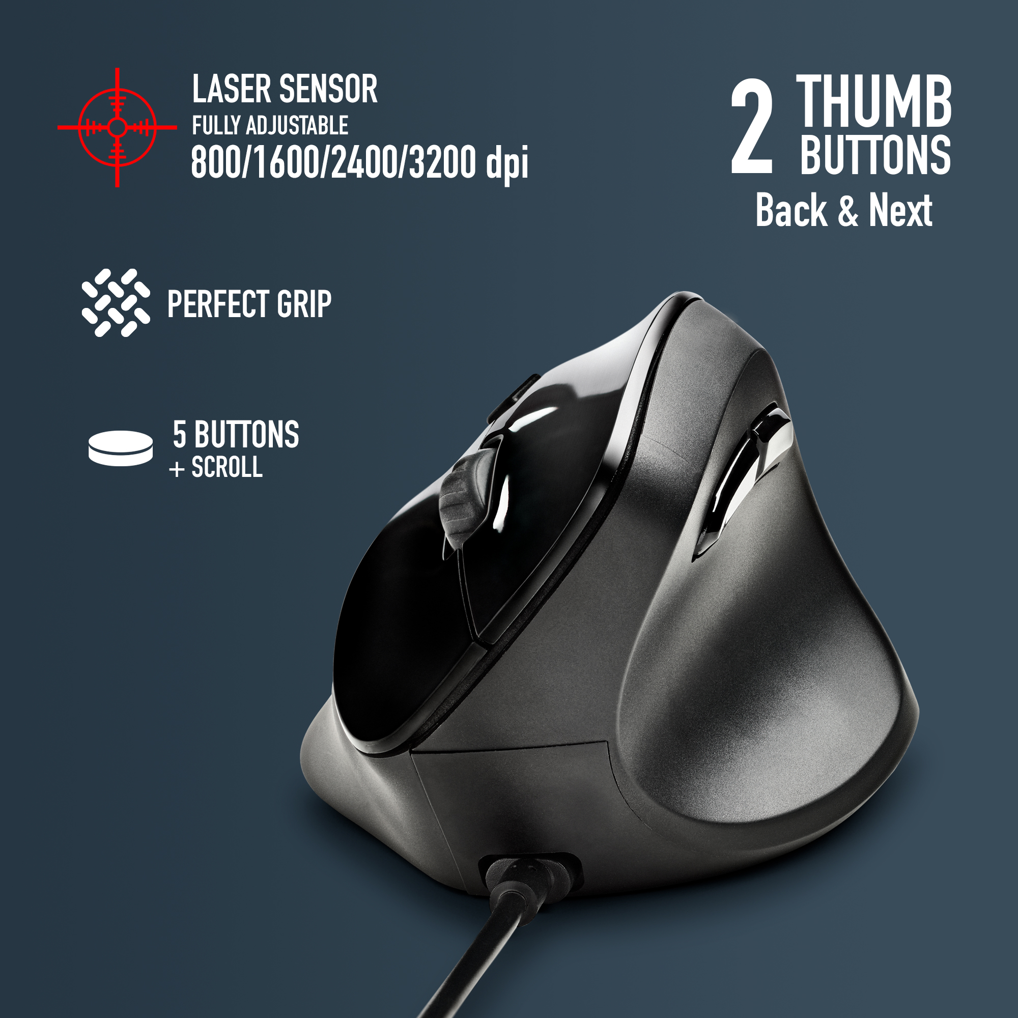 Mouse ergonomico verticale nero con pulsanti, rotella di scorrimento e indicatore del sensore laser rosso.