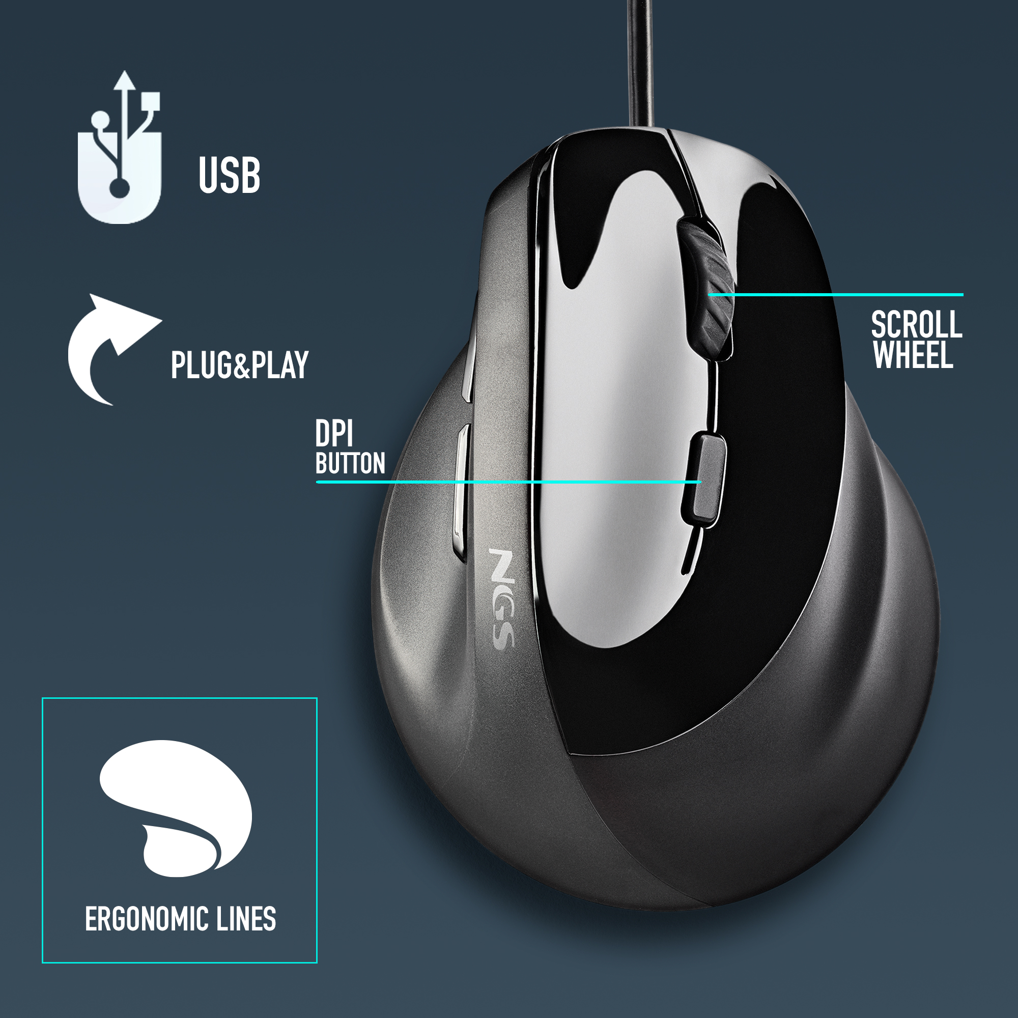 Un mouse per computer nero e argento con etichette che indicano le funzioni.