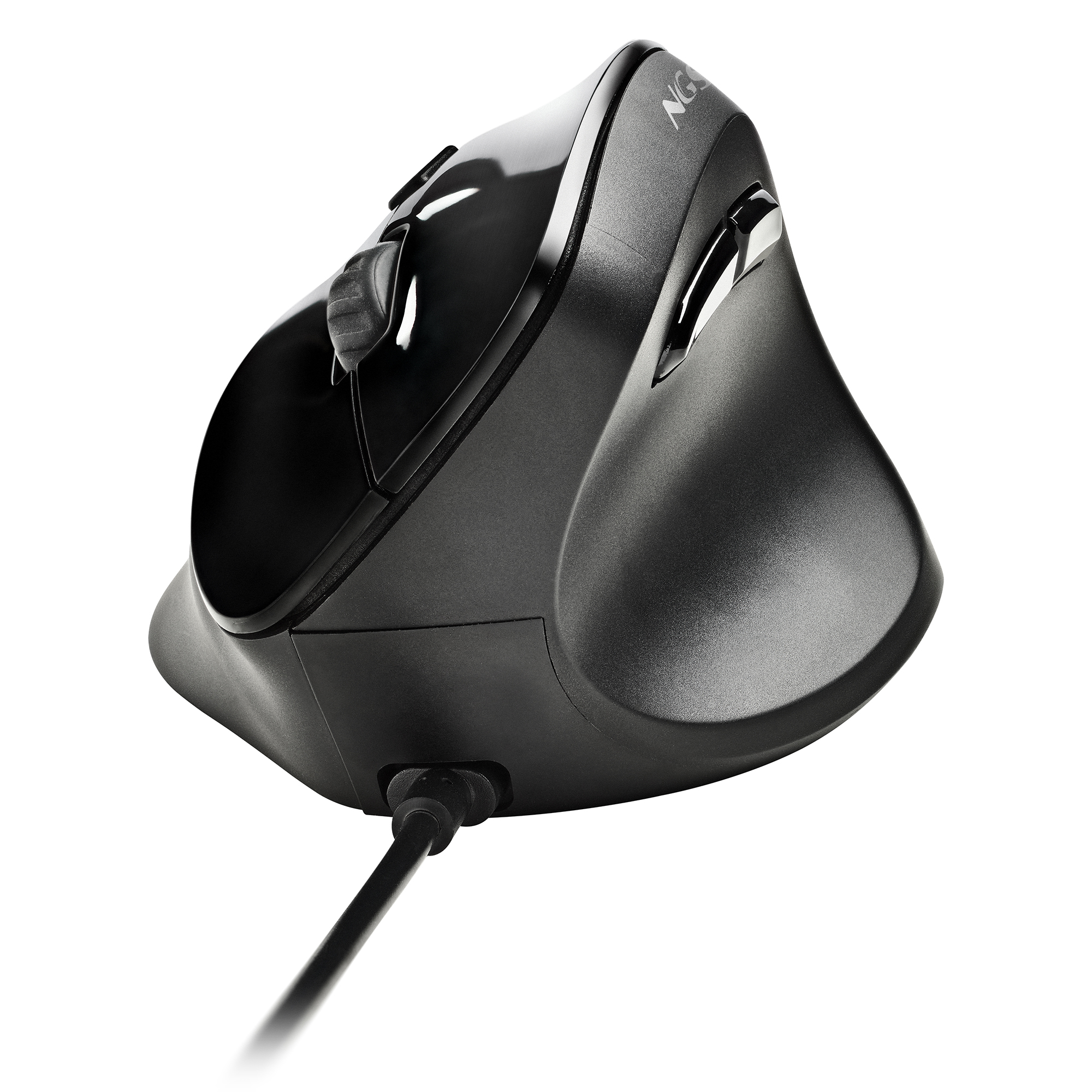 Un mouse ergonomico nero con connessione cablata.