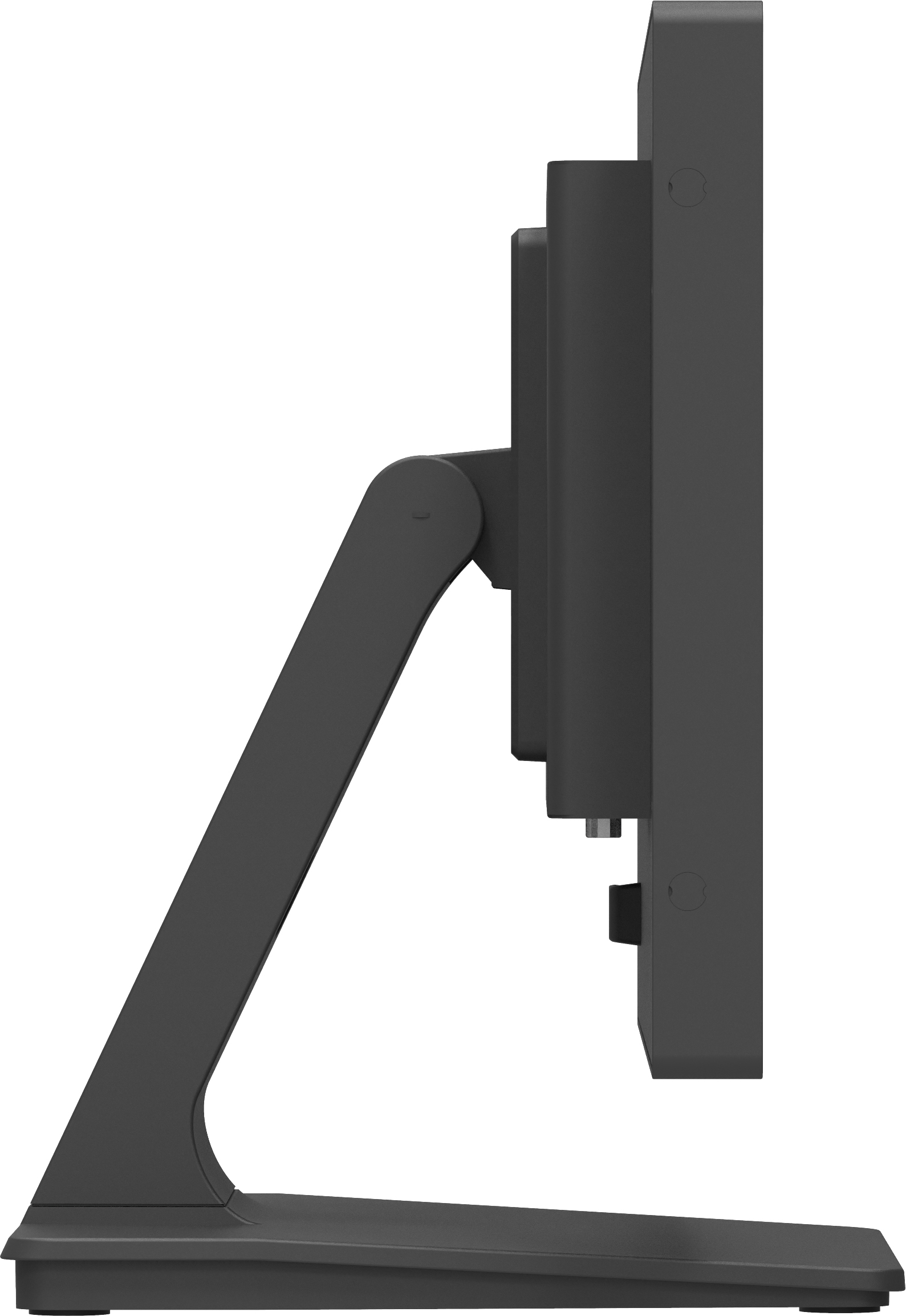 Czarny monitor ze stojakiem. Widok z boku ekranu i stojaka.