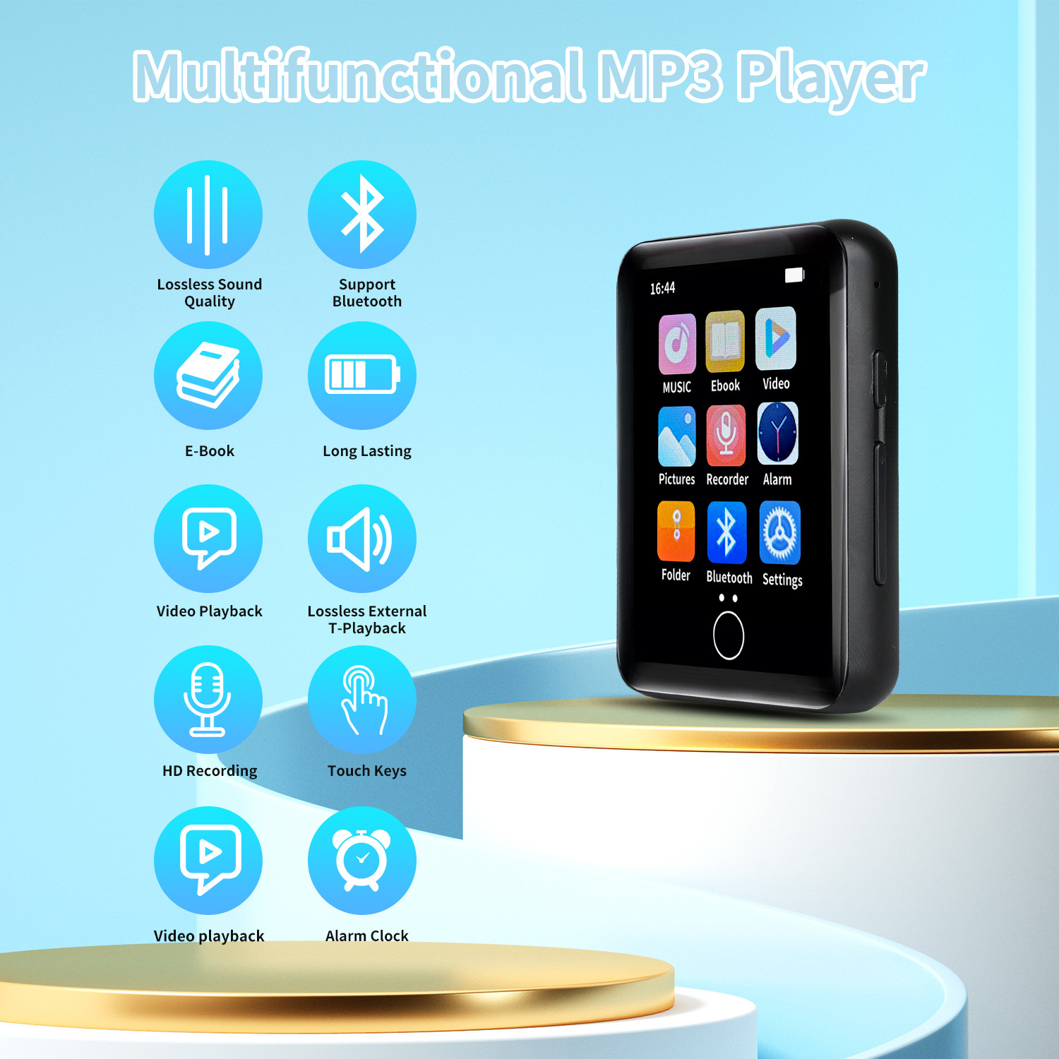 Multifunktionaler MP3-Player mit Symbolen für Funktionen und einem Display, das die Benutzeroberfläche anzeigt.
