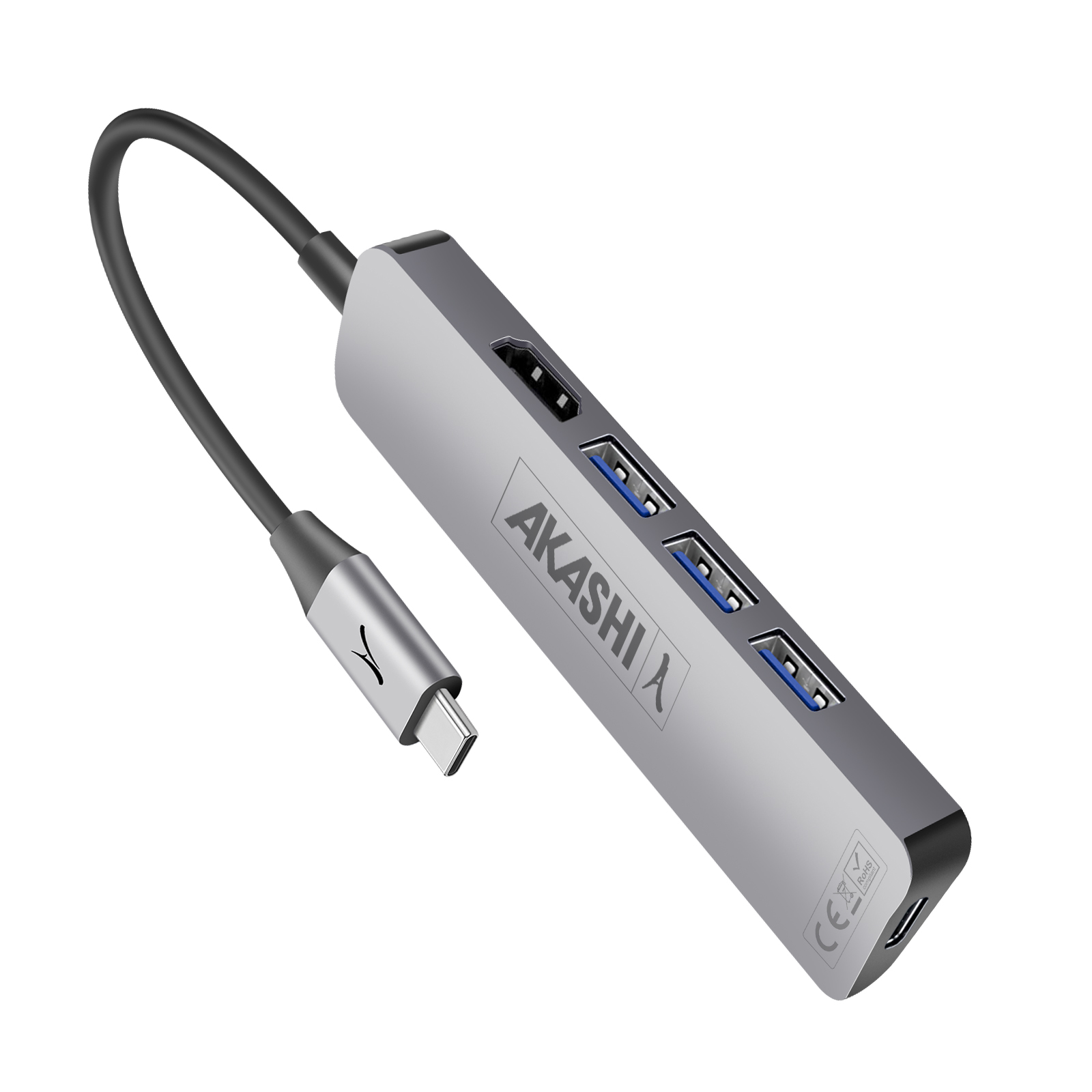 Hub USB Akashi argento con porte HDMI e USB. Con connettore Type-C e cavo nero.