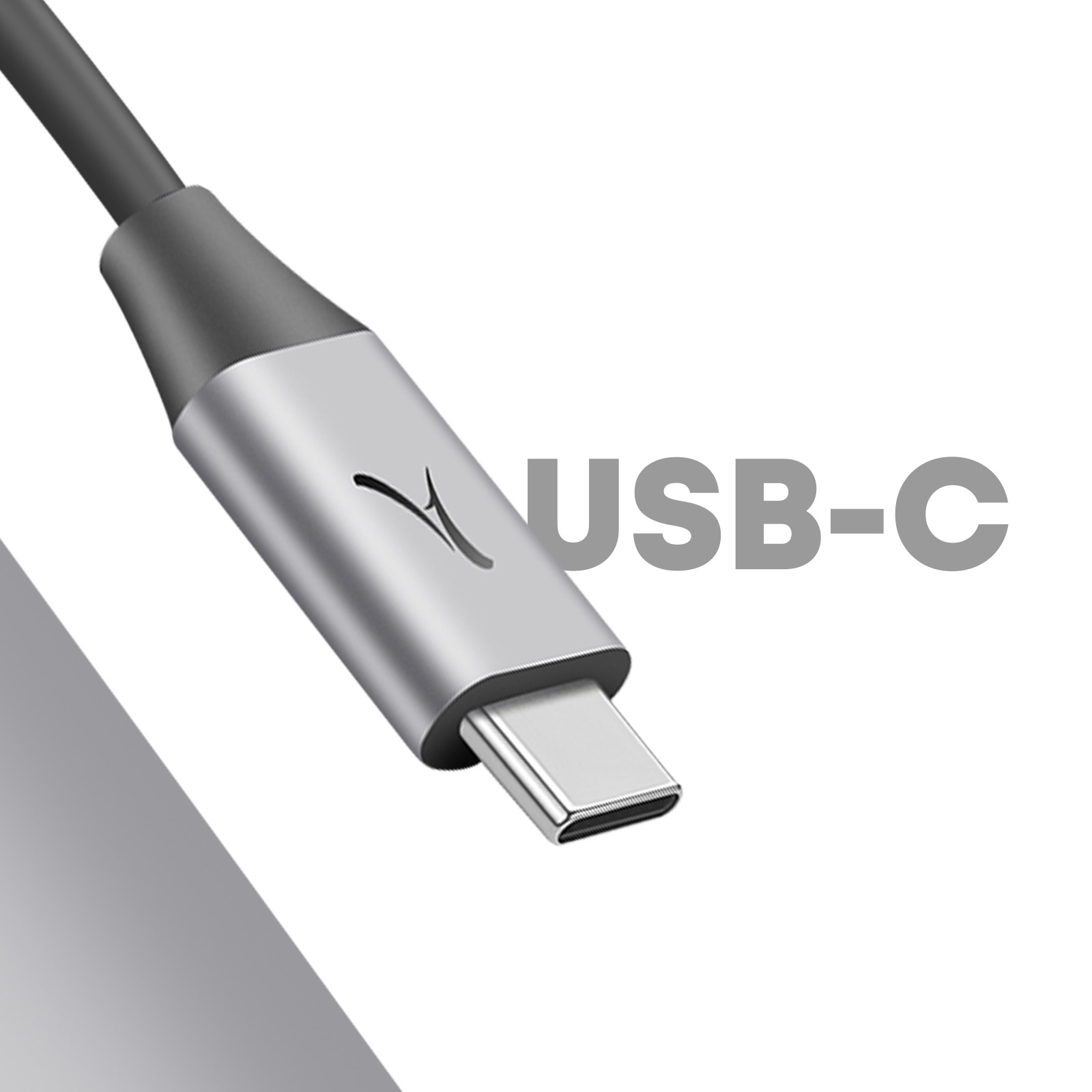 Cavo USB-C con testa argentata. 'USB-C' è scritto con un logo.
