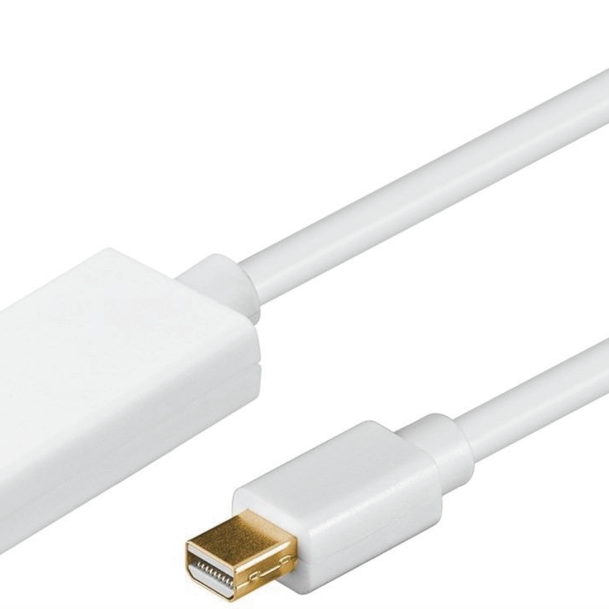 Ein weißes Kabel mit einem weißen Rechteck und einem goldfarbenen Stecker. Es ist ein Mini-DisplayPort-Kabel.