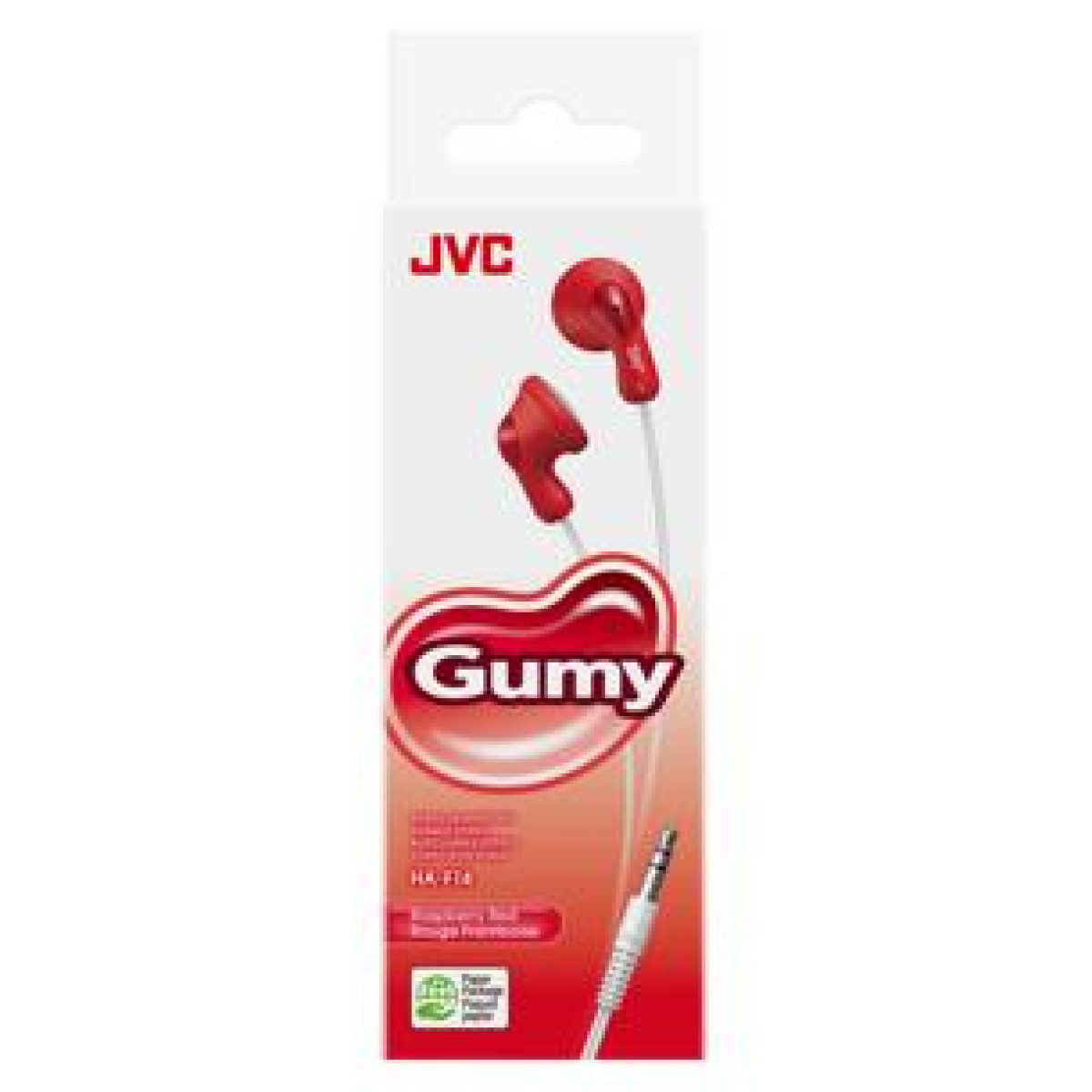 Auricolari JVC Gumy rossi in una confezione. La confezione mostra gli auricolari e il marchio.