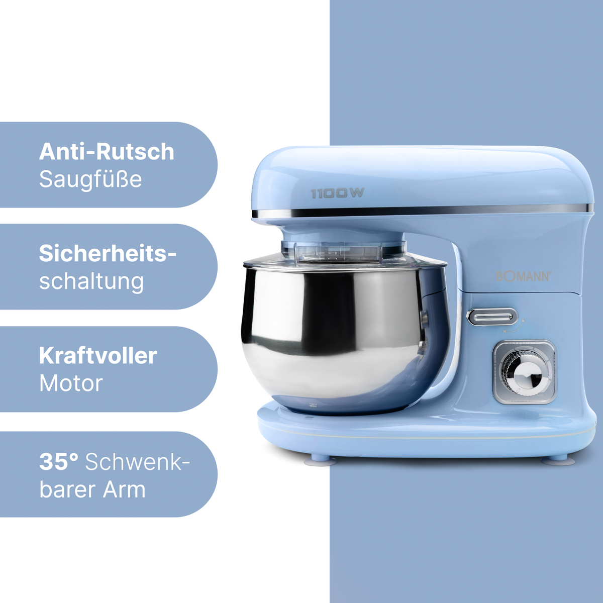 Niebieski mikser stojący ze srebrną misą. Tekst podkreśla antypoślizgowe nóżki, wyłącznik bezpieczeństwa, mocny silnik.
