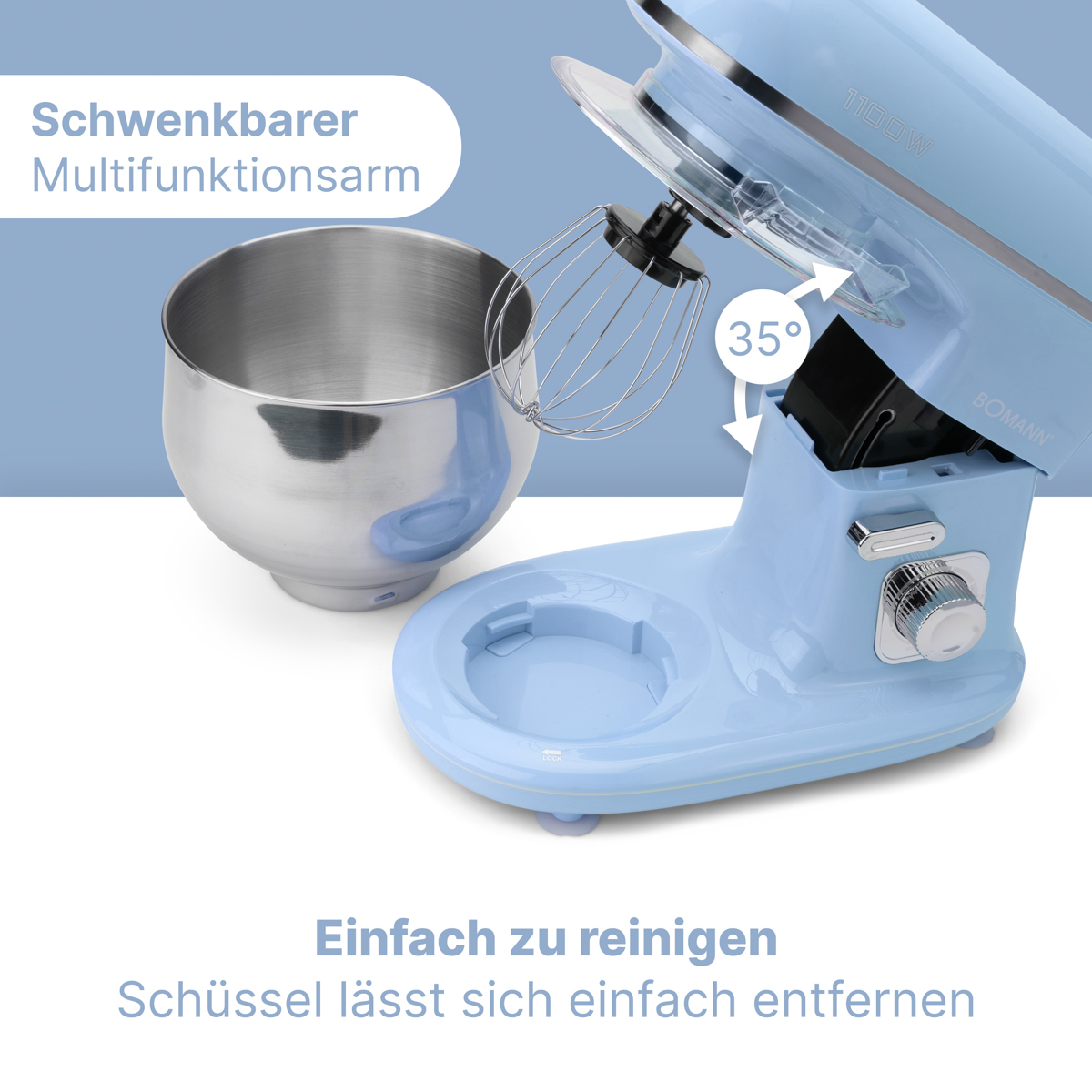 Niebieski mikser stojący z misą ze stali nierdzewnej, z końcówką do ubijania pod kątem.