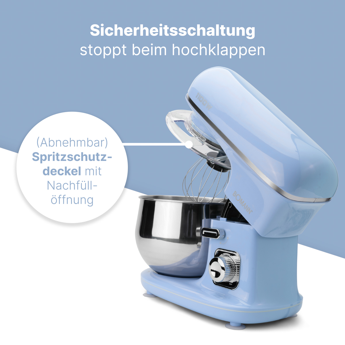 Jasnoniebieski mikser stojący z misą ze stali nierdzewnej, pochylony w górę, z tekstem po niemiecku.
