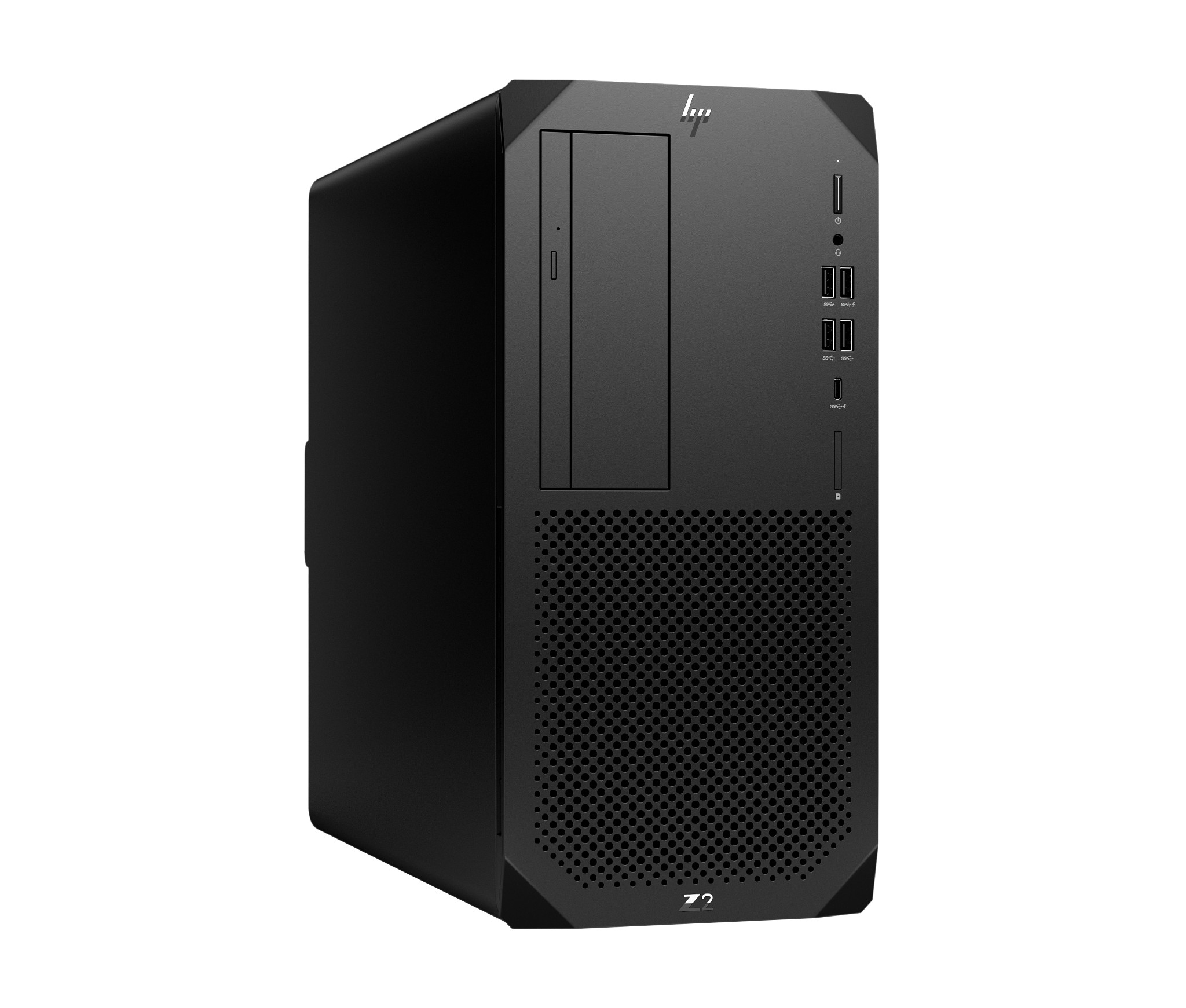 Un computer workstation HP Z2 nero. La parte anteriore del computer con le porte è mostrata su sfondo bianco.