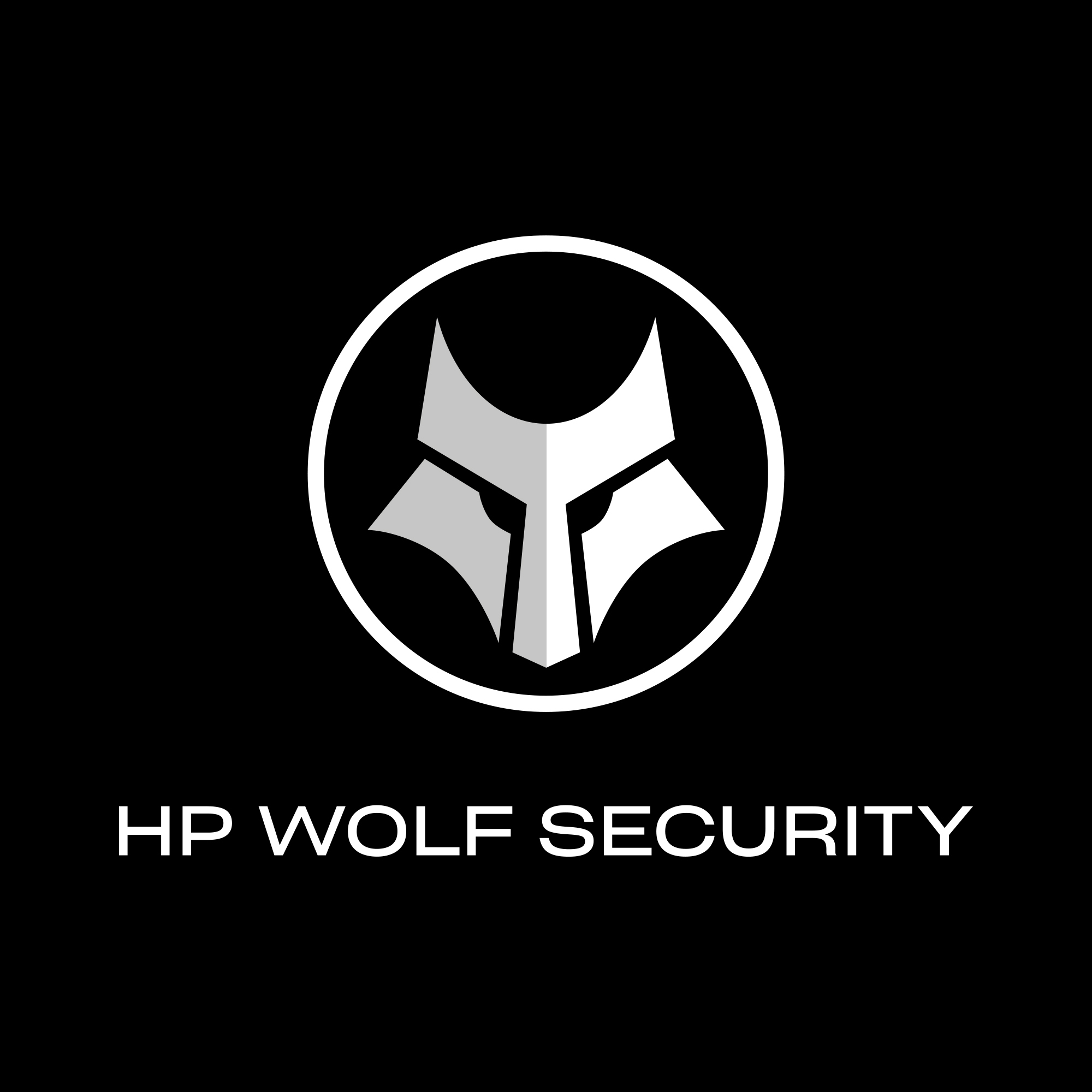 Logo HP Wolf Security su sfondo nero. Icona testa di lupo in cerchio bianco.