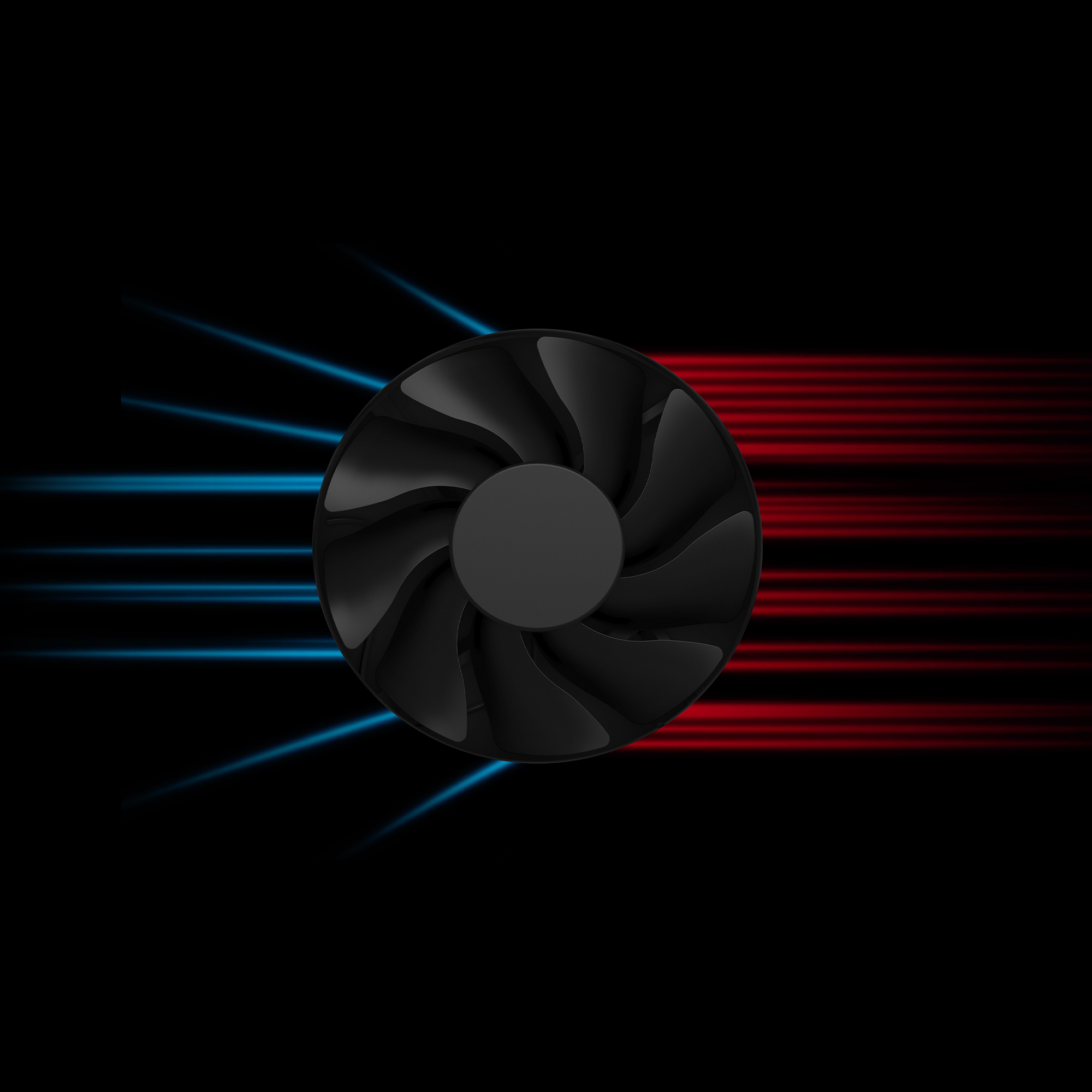 Czarny wentylator z łopatkami. Niebieskie i czerwone linie sugerują przepływ powietrza na czarnym tle.