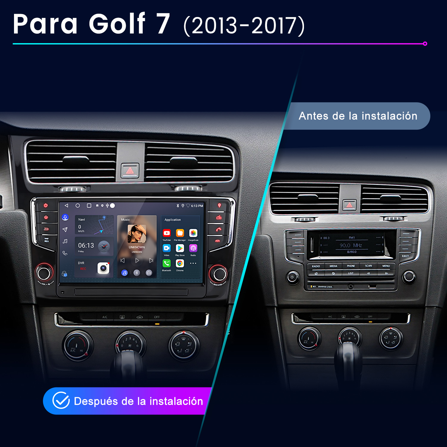 Panel de control del coche con pantalla de infoentretenimiento, mostrando los sistemas original e instalado.