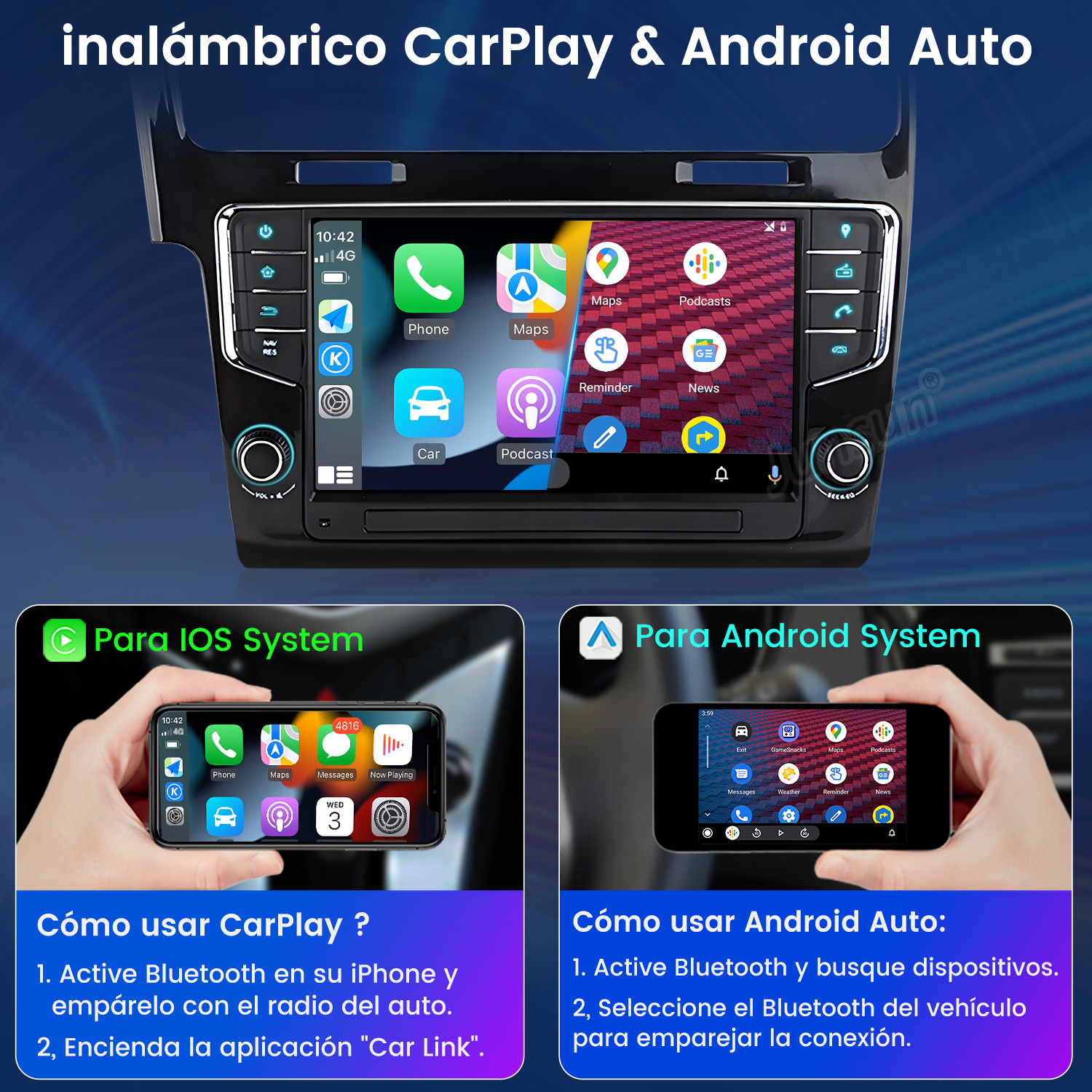 Pantalla de radio de coche con opciones de Apple CarPlay y Android Auto.