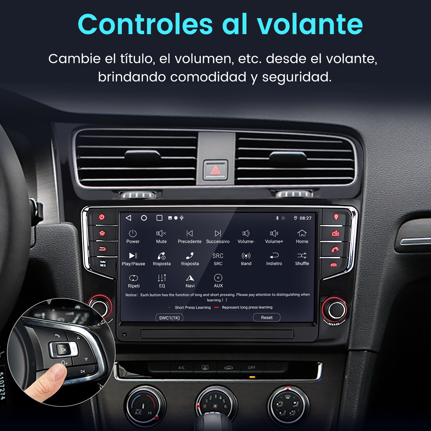 Autoradio con pantalla táctil, controles y mano en el volante.