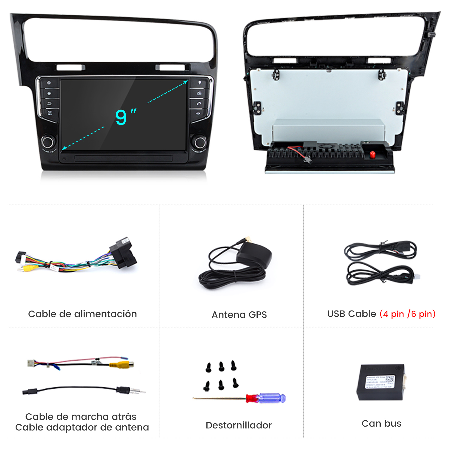 Una radio de coche con pantalla de 9", con accesorios. Componentes sobre una superficie blanca.