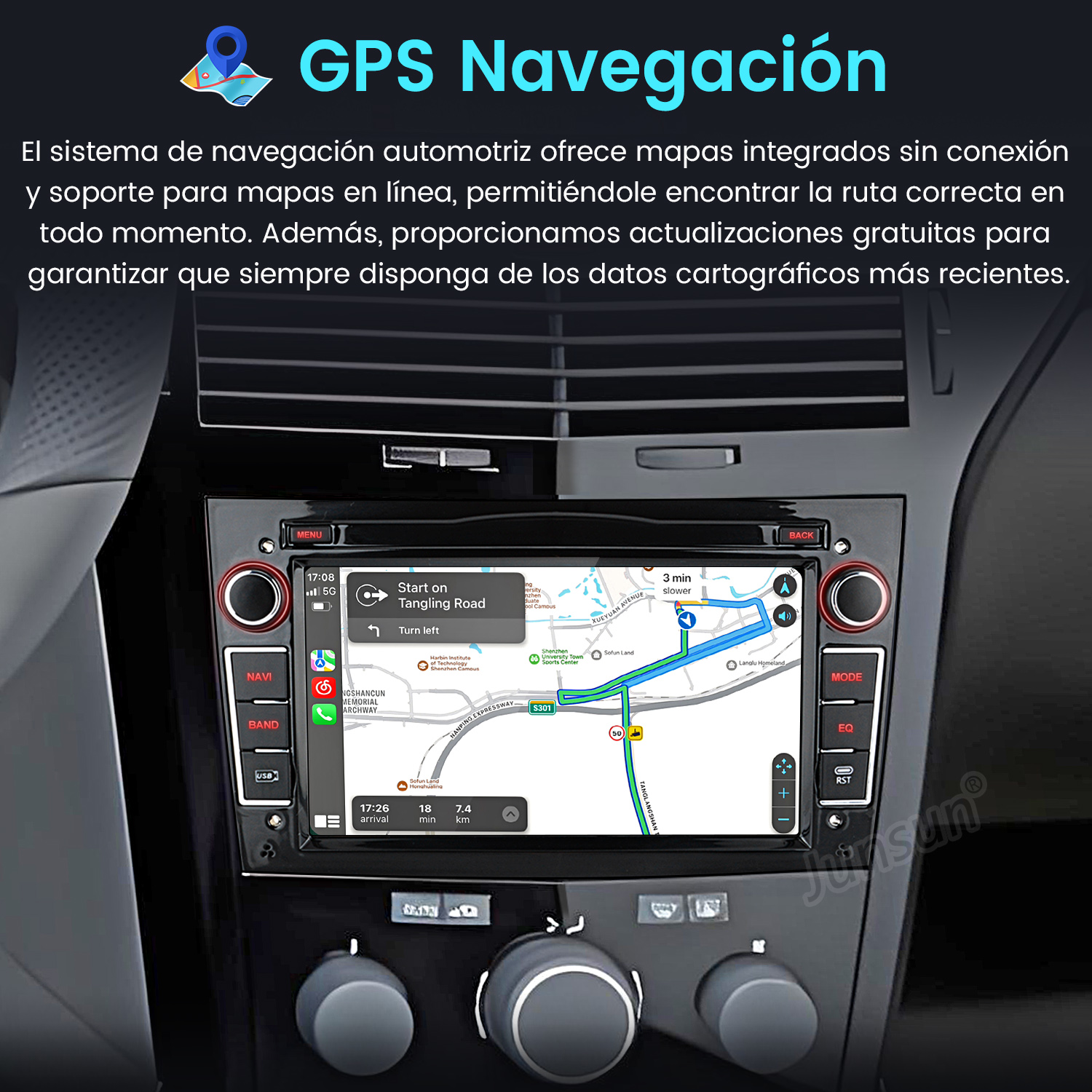 El salpicadero del coche muestra la navegación GPS en la pantalla. Botones y perillas son visibles.