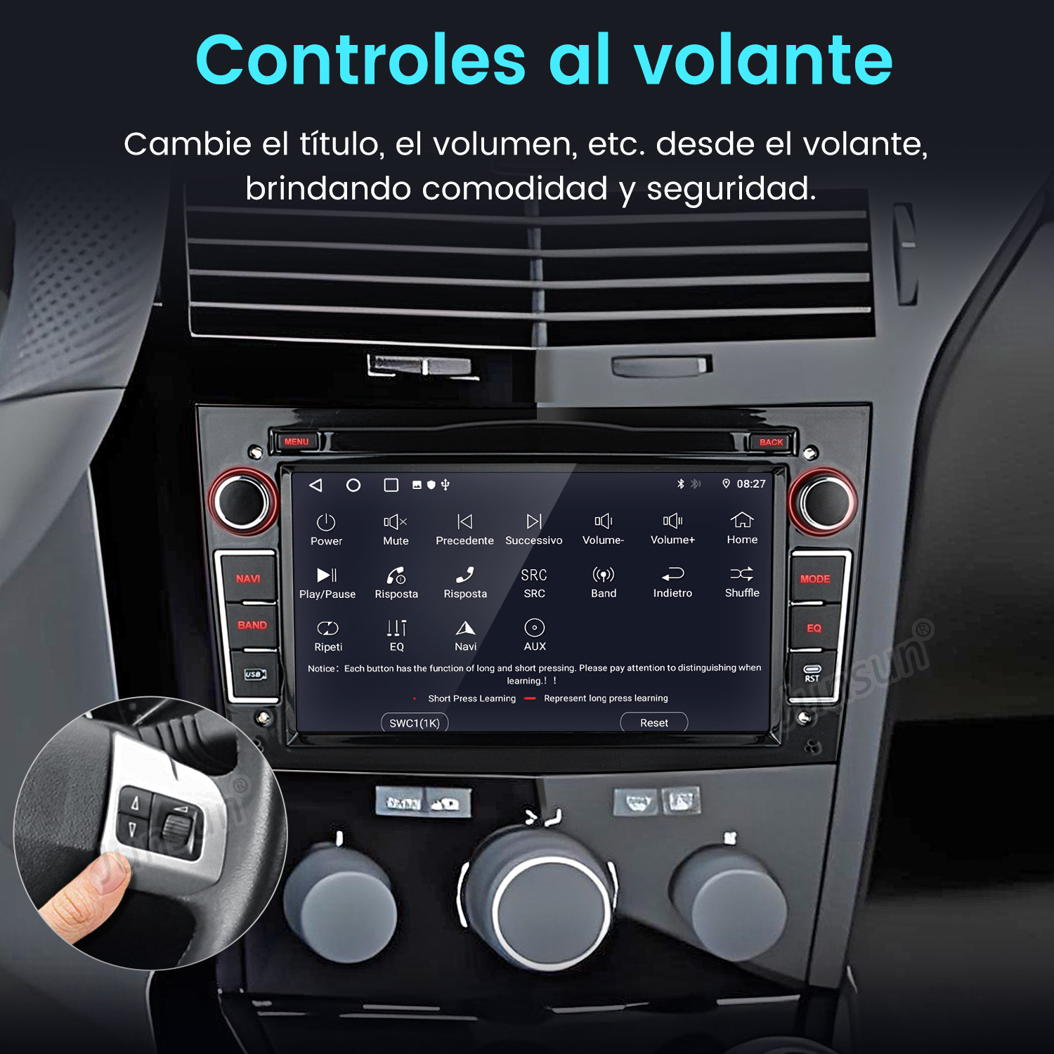 Pantalla de radio de coche con botones y controles del volante. Texto en español.