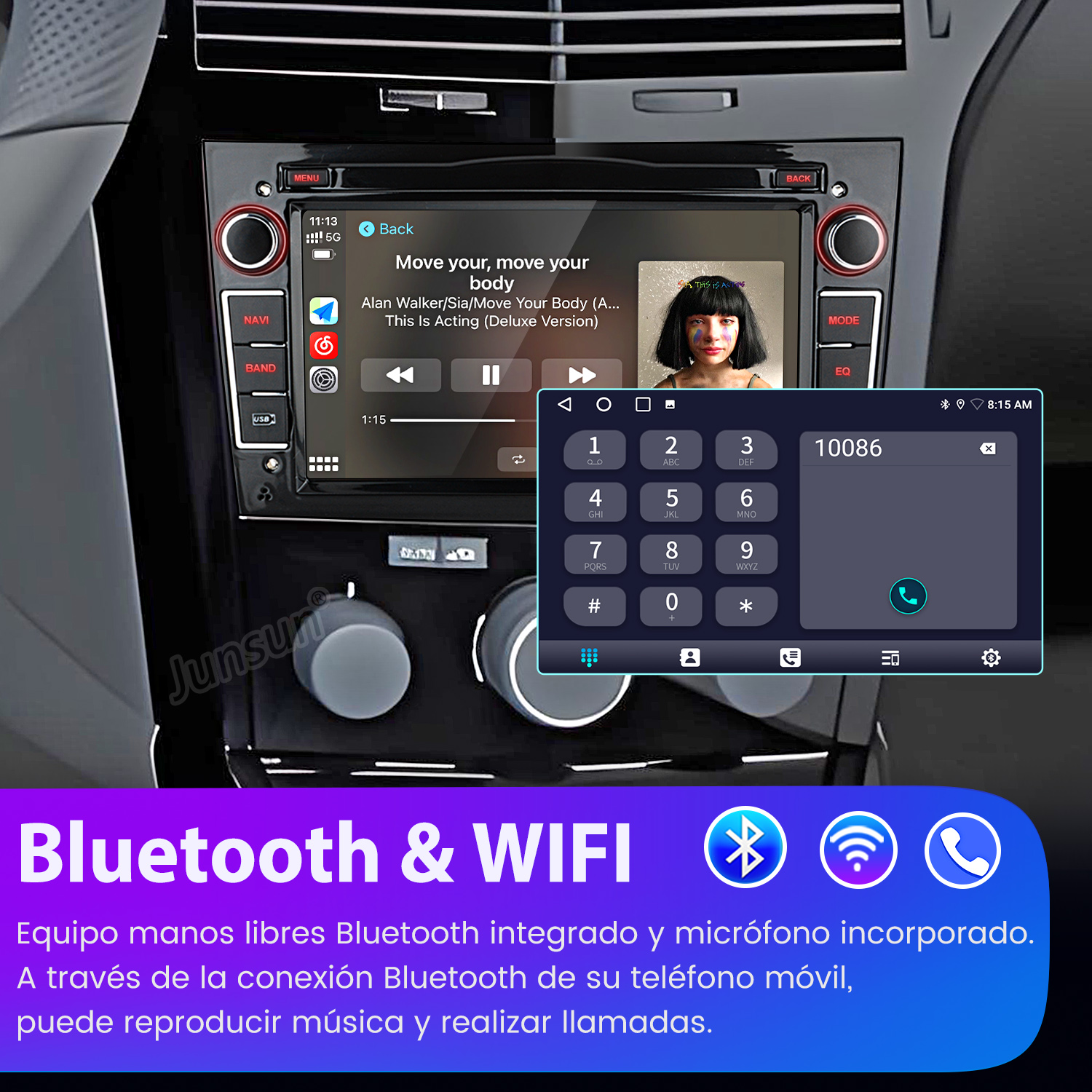 Una pantalla de radio de coche mostrando música y un teclado numérico de teléfono. Muestra iconos Bluetooth y WiFi.