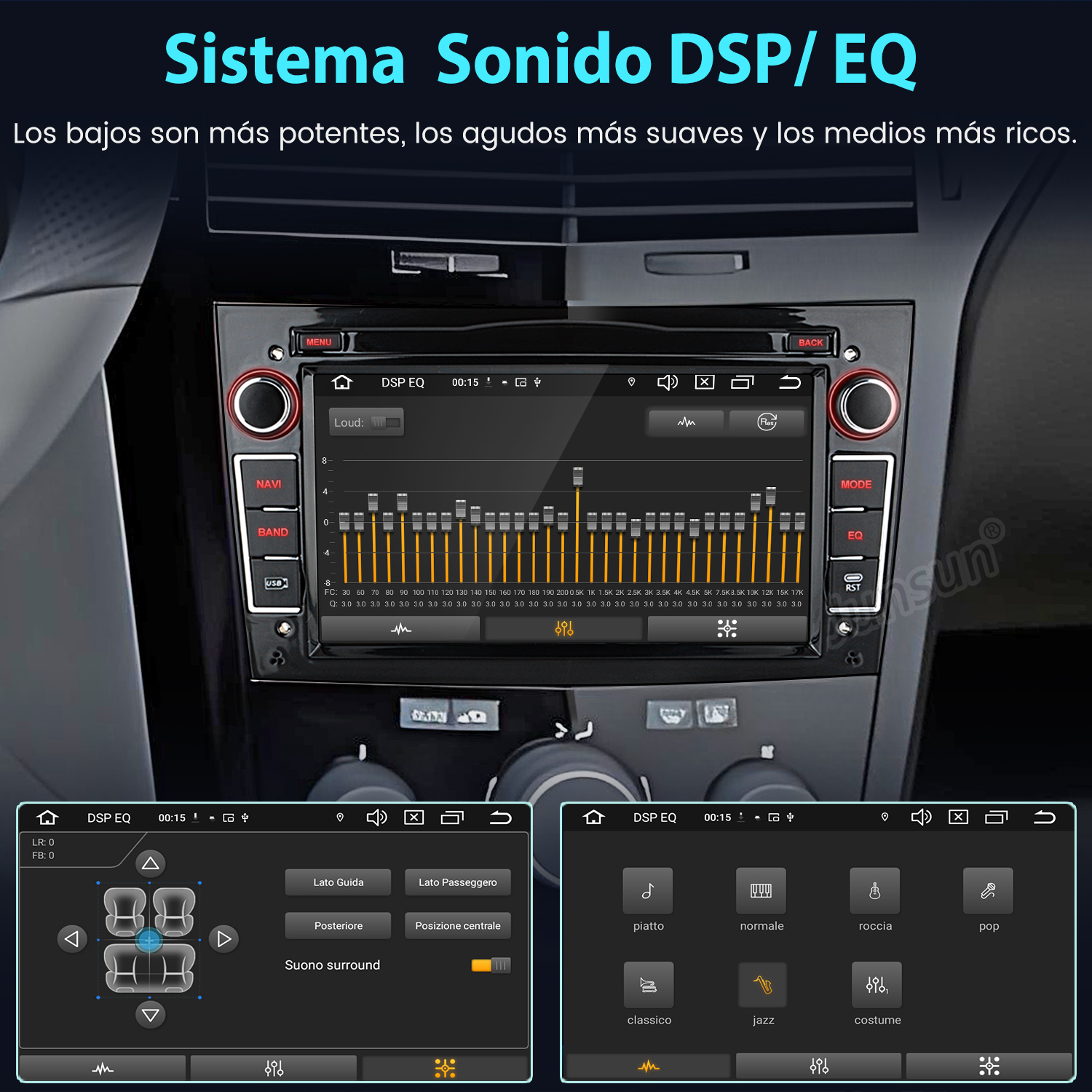 Sistema de audio para automóvil con pantalla, que muestra opciones de ecualizador y control, con texto en español.