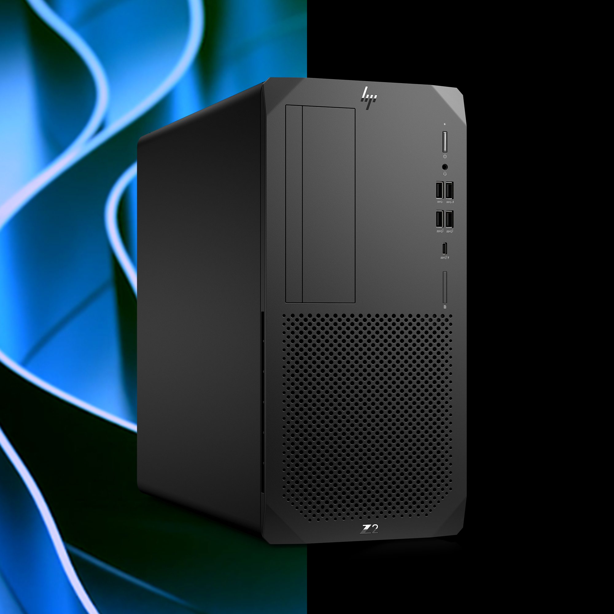 Case per computer desktop HP nero con porte e logo Z. Sfondo diviso.