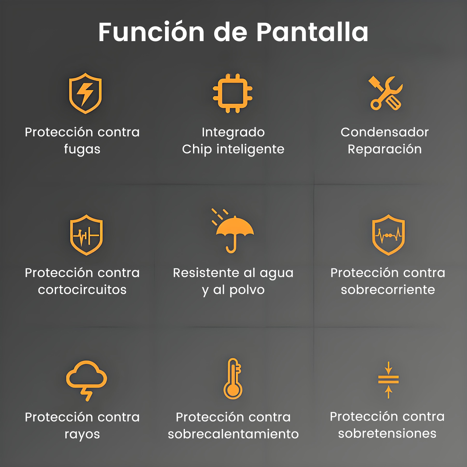 Iconos que representan funciones de protección: fugas, chip inteligente, cortocircuitos, etc.